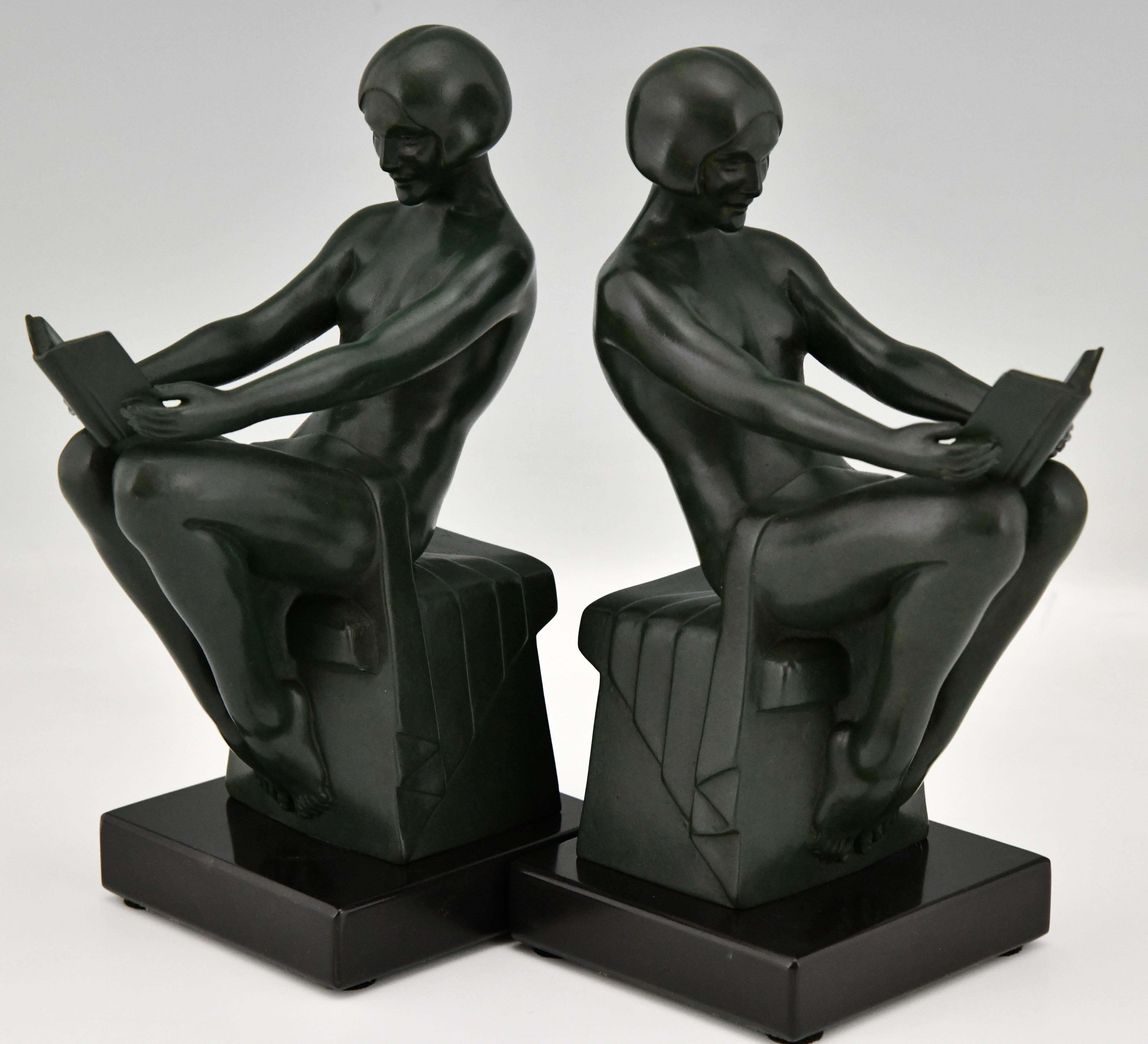 Art Deco Bookends with Reading Nudes by Max Le Verrier France 1930 Original 3