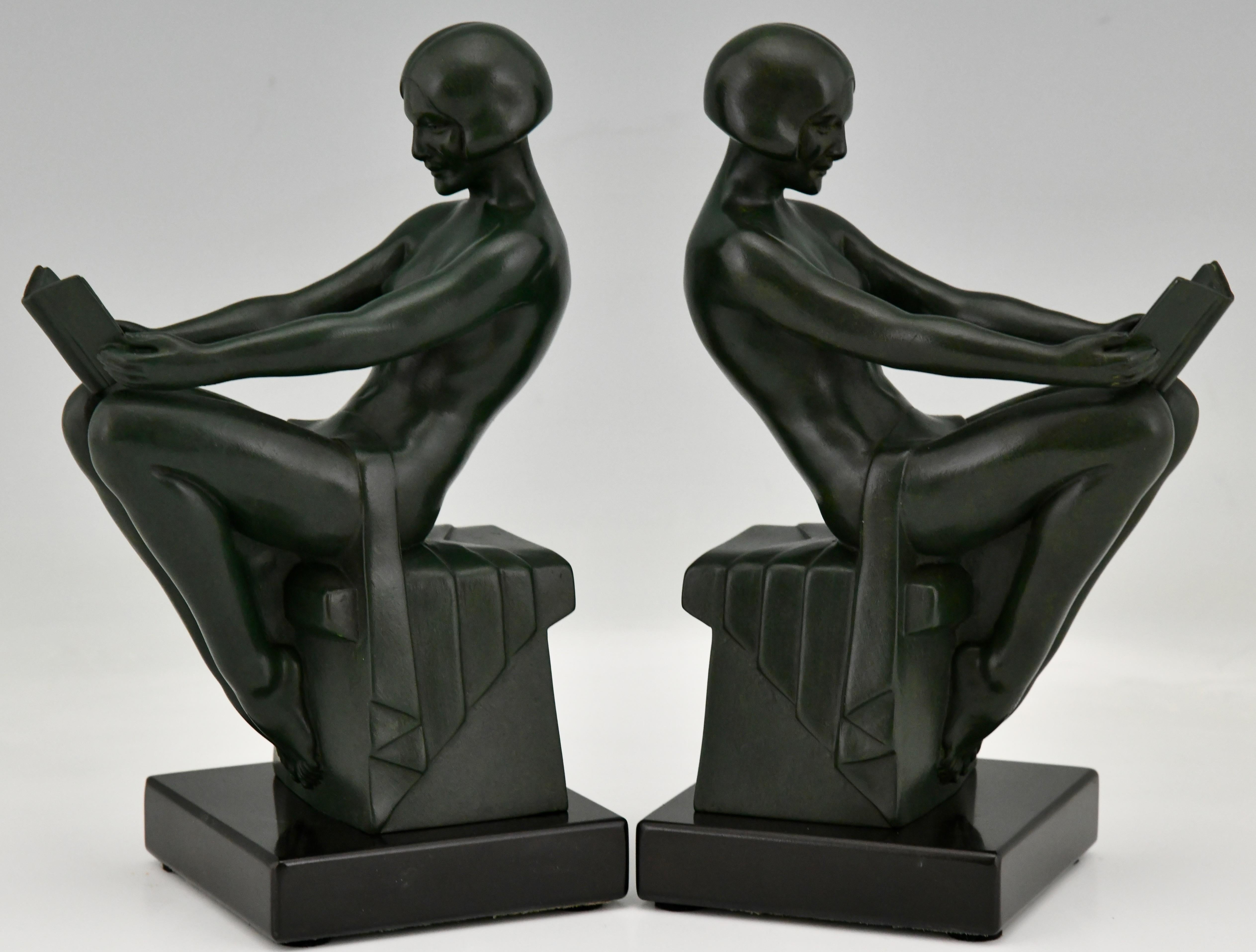 Art Deco bookends with reading nudes Delassement by Max Le Verrier.
Patinated Art Metal on black marble base.
France ca. 1930.

Literature:
Statuettes of the Art Deco period by Alberto Shayo.
Art Deco sculpture by Victor Arwas,
