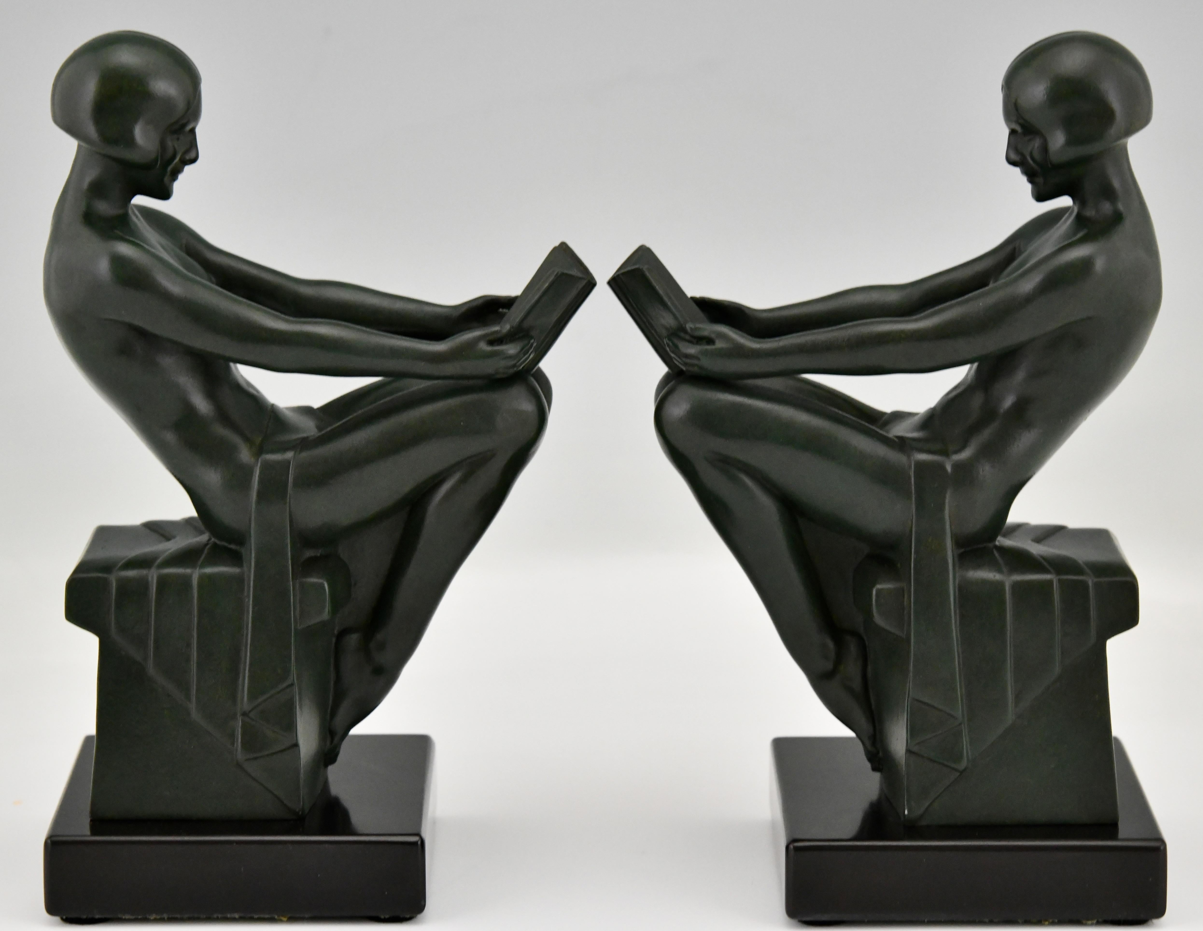 Patinated Art Deco Bookends with Reading Nudes by Max Le Verrier France 1930 Original