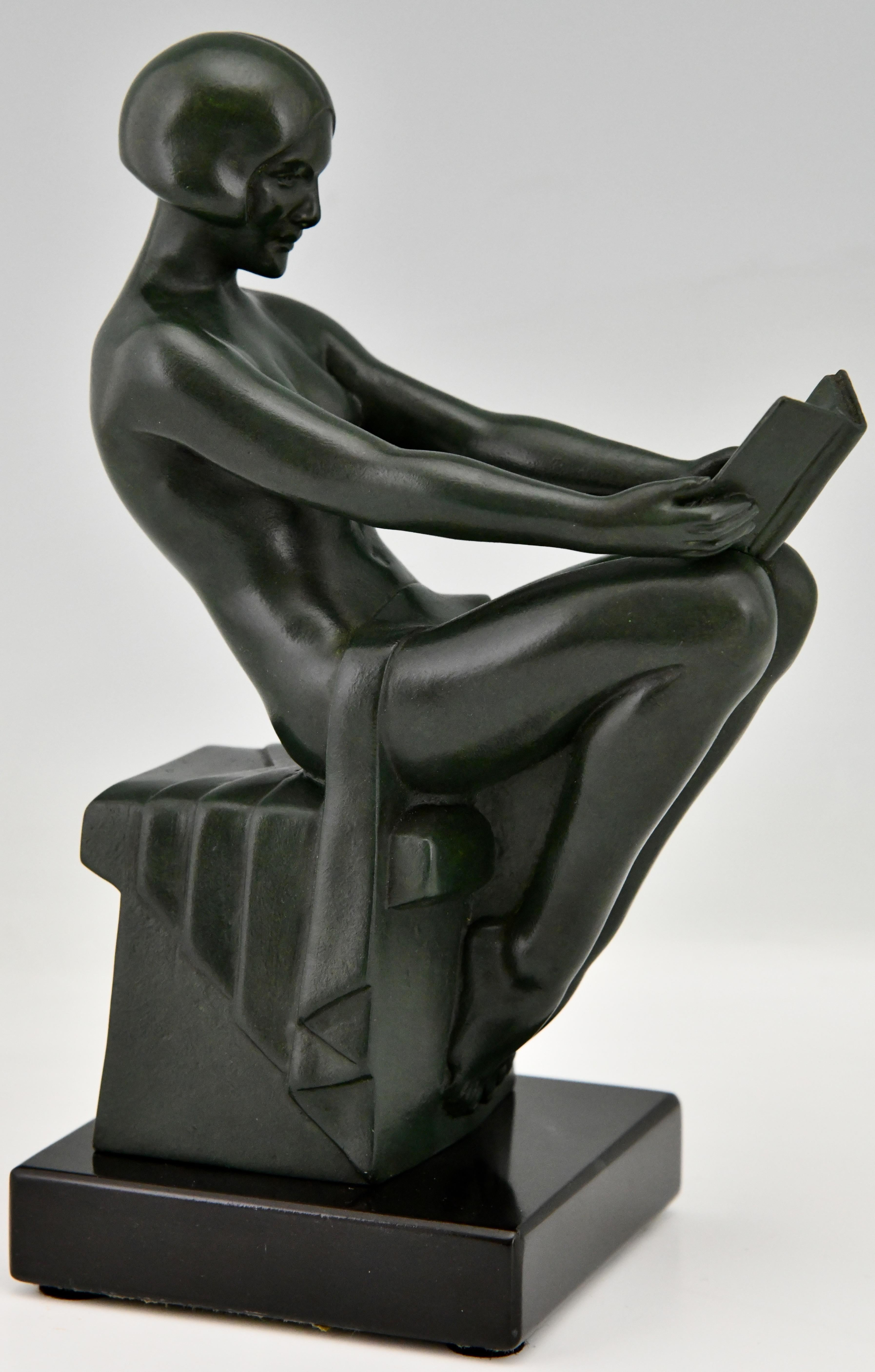 Mid-20th Century Art Deco Bookends with Reading Nudes by Max Le Verrier France 1930 Original