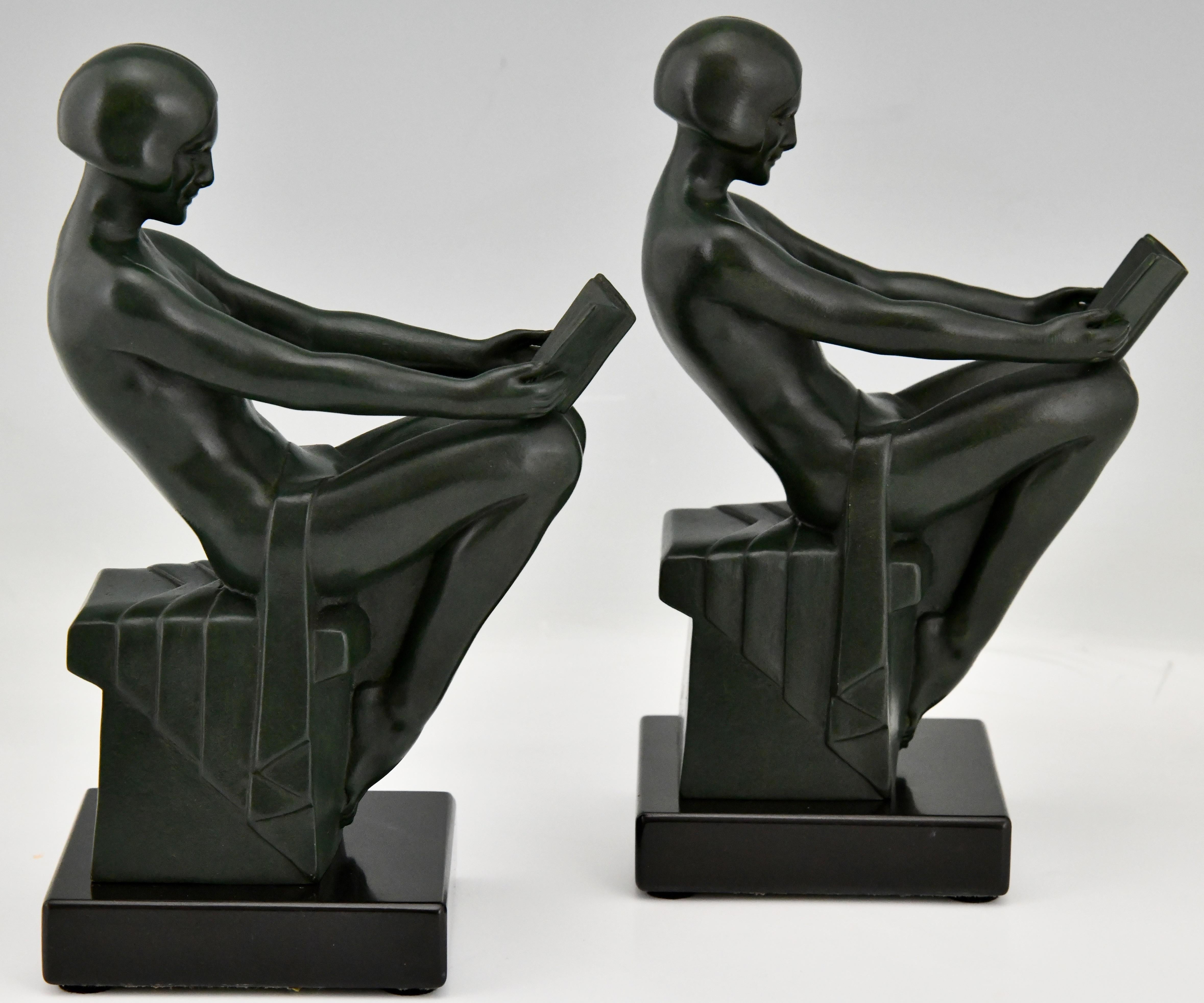 Art Deco Bookends with Reading Nudes by Max Le Verrier France 1930 Original 1