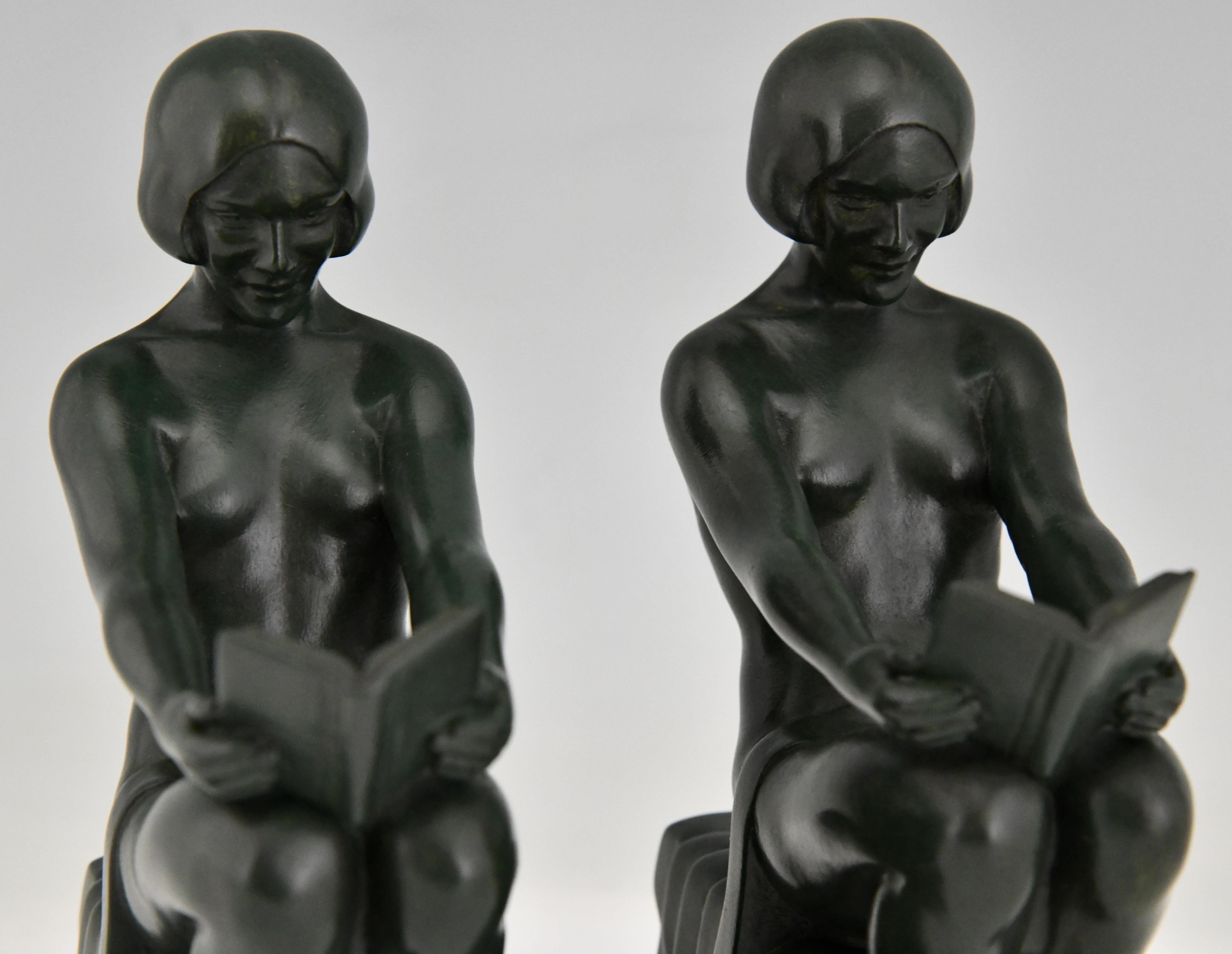 Art Deco Bookends with Reading Nudes by Max Le Verrier France 1930 Original 2