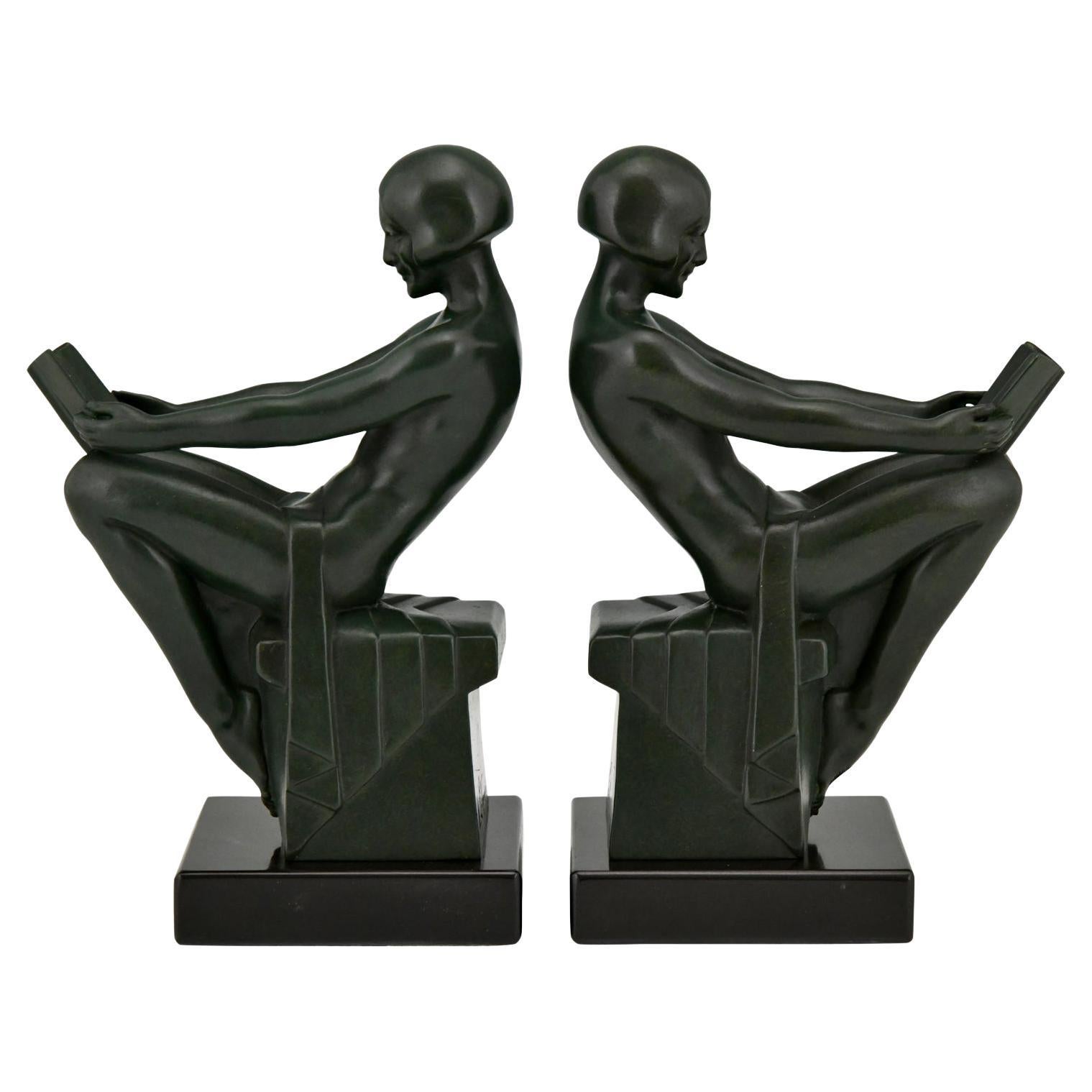 Art Deco Bookends with Reading Nudes by Max Le Verrier France 1930 Original