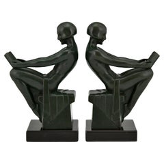 Art Deco Bookends with Reading Nudes by Max Le Verrier France 1930 Original