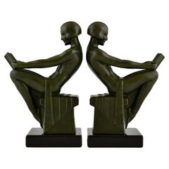 Art Deco Bookends with Reading Nudes Delassement by Max Le Verrier 1930