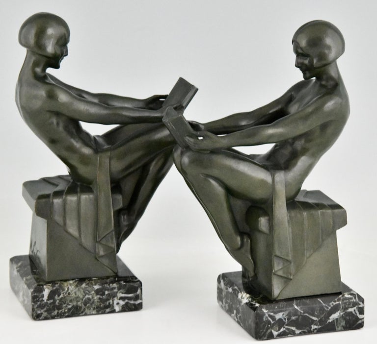 Art Deco Bookends with Reading Nudes Delassement by Max Le Verrier France 1930 3