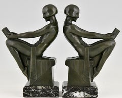 Art Deco Bookends with Reading Nudes Delassement by Max Le Verrier France 1930