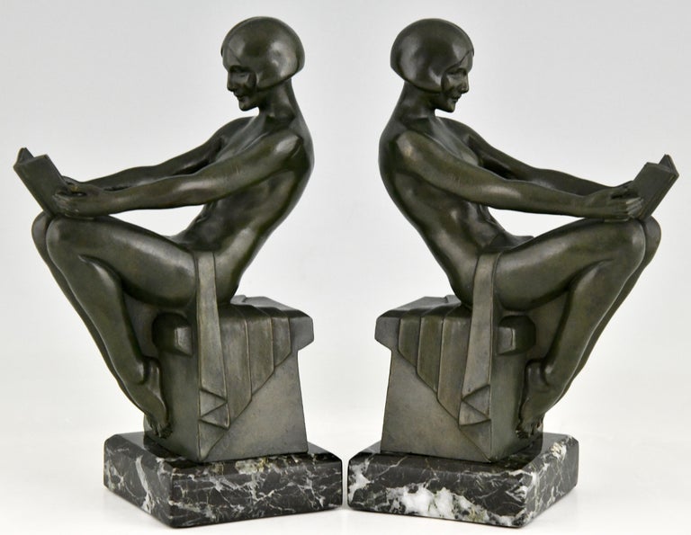 French Art Deco Bookends with Reading Nudes Delassement by Max Le Verrier France 1930
