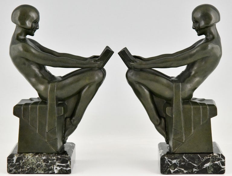 Art Deco Bookends with Reading Nudes Delassement by Max Le Verrier France 1930 In Good Condition In Antwerp, BE