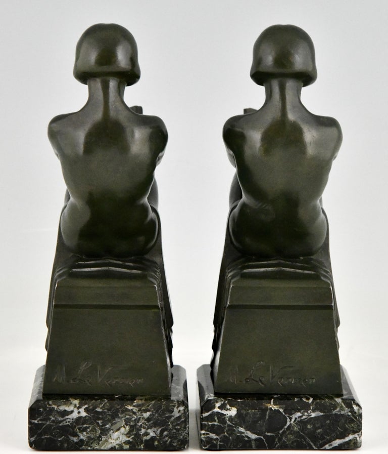 Mid-20th Century Art Deco Bookends with Reading Nudes Delassement by Max Le Verrier France 1930