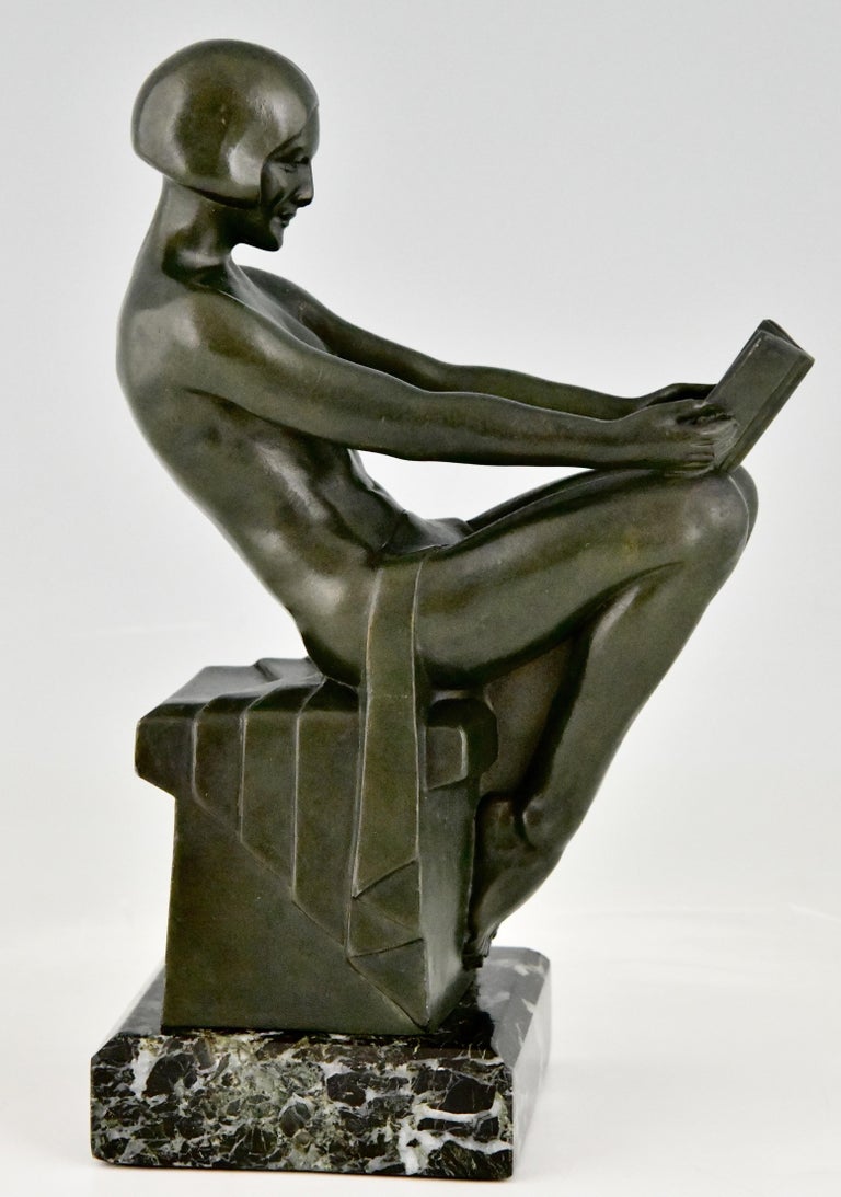 Metal Art Deco Bookends with Reading Nudes Delassement by Max Le Verrier France 1930