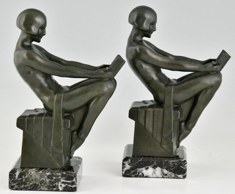 Art Deco Bookends with Reading Nudes Delassement by Max Le Verrier France 1930 2