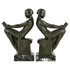 Art Deco Bookends with Reading Nudes Delassement by Max Le Verrier France 1930