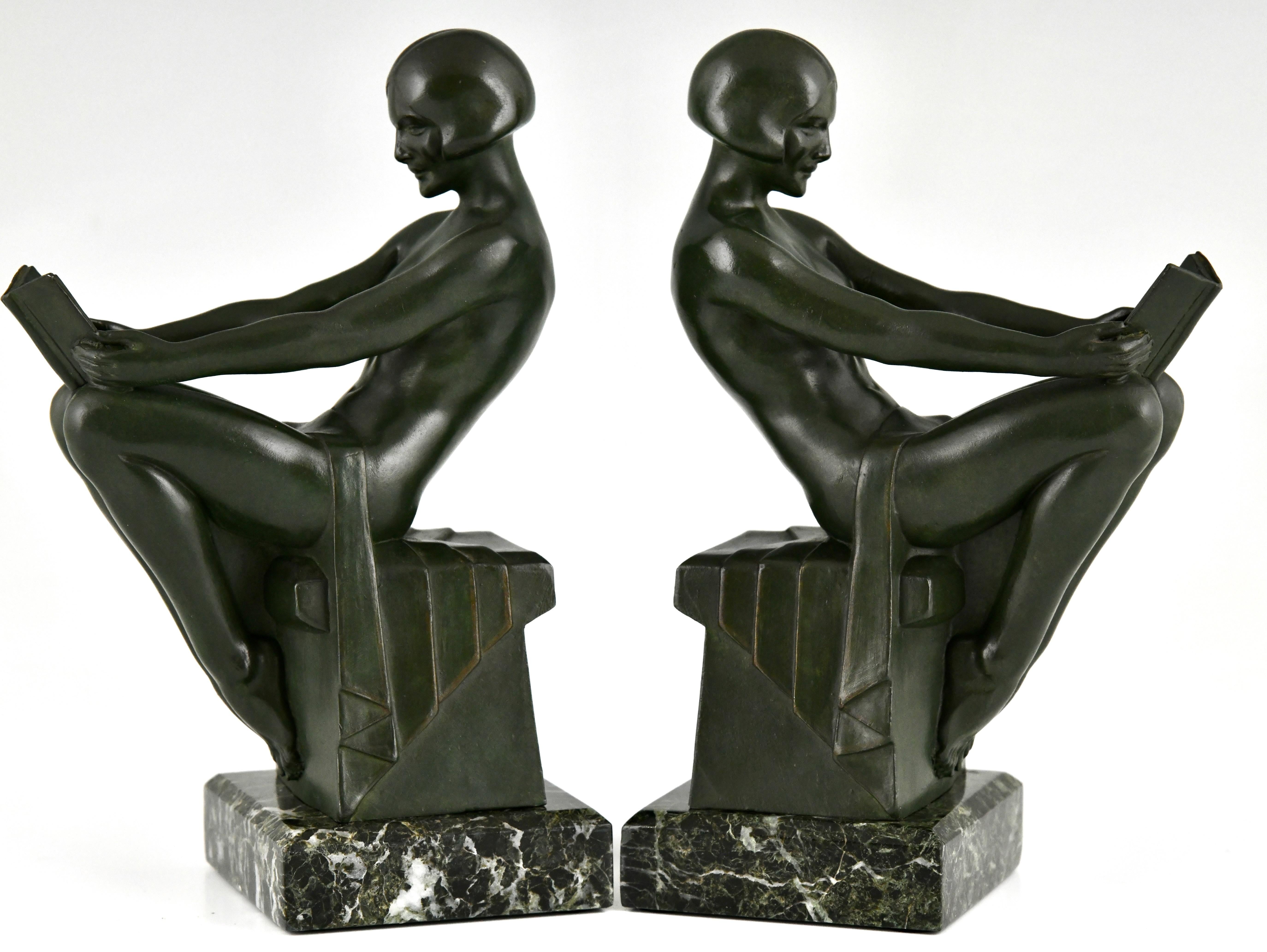 French Art Deco Bookends reading Nudes by Max Le Verrier, France 1930 original 