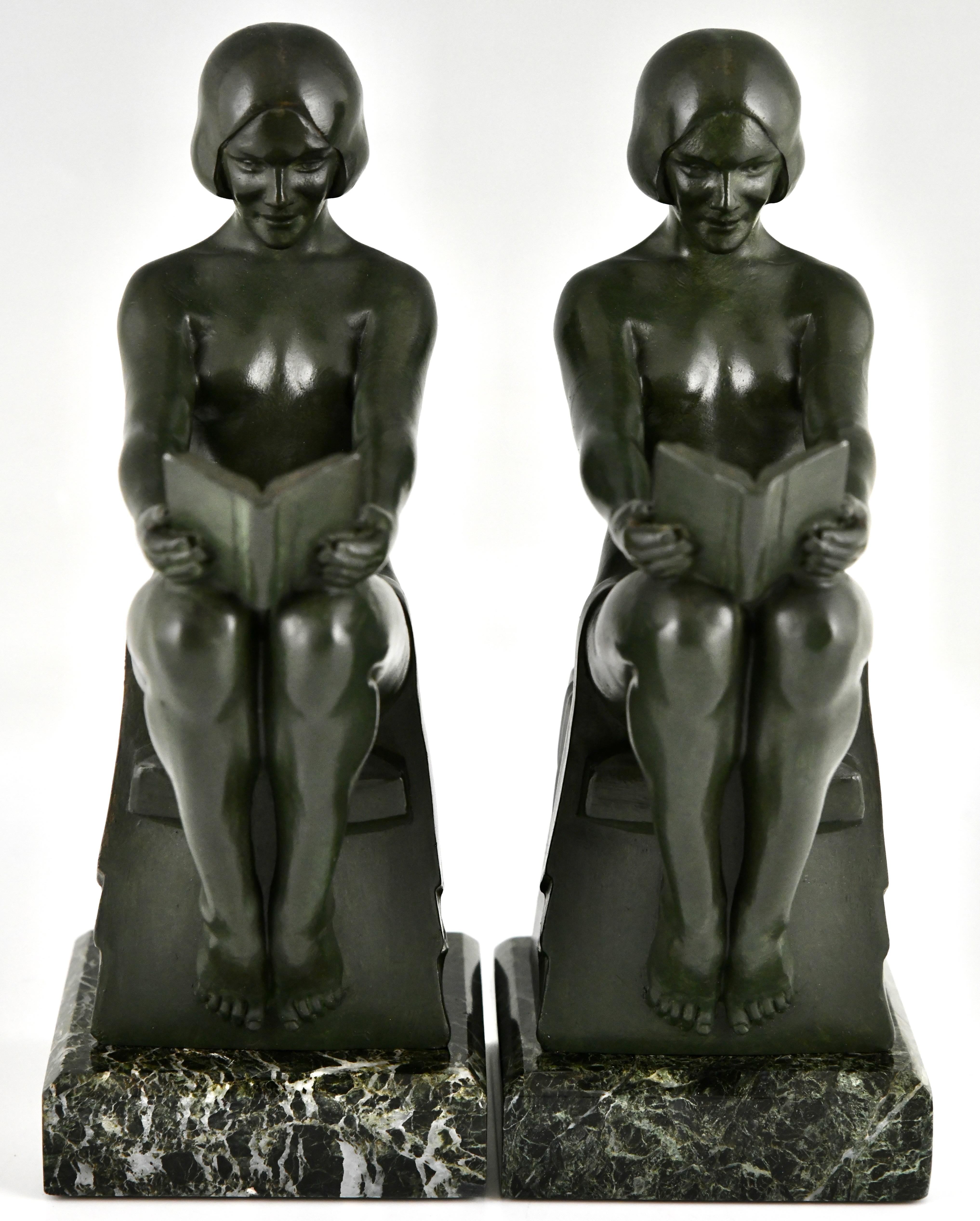 Patinated Art Deco Bookends reading Nudes by Max Le Verrier, France 1930 original 