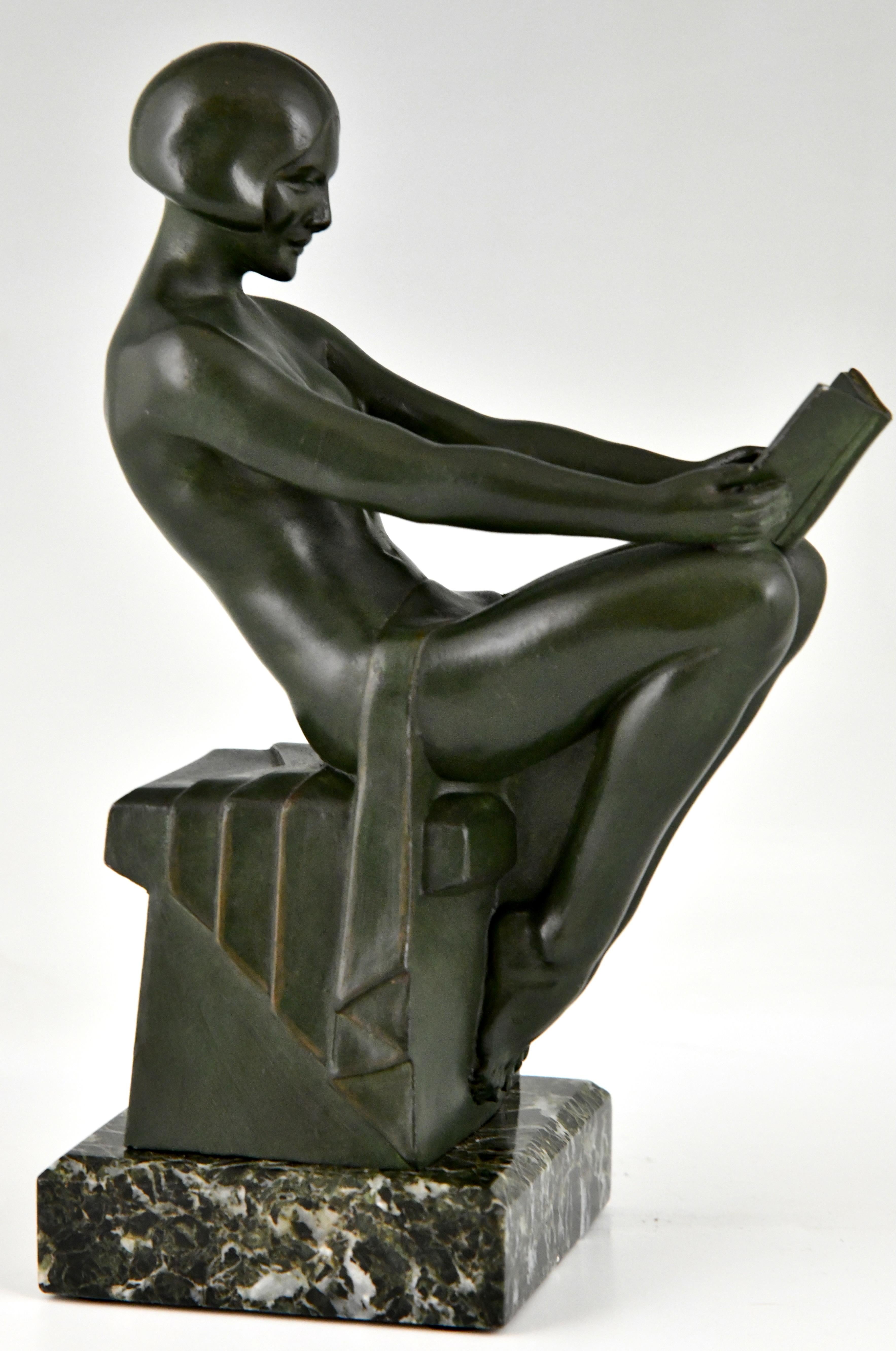 Metal Art Deco Bookends reading Nudes by Max Le Verrier, France 1930 original 