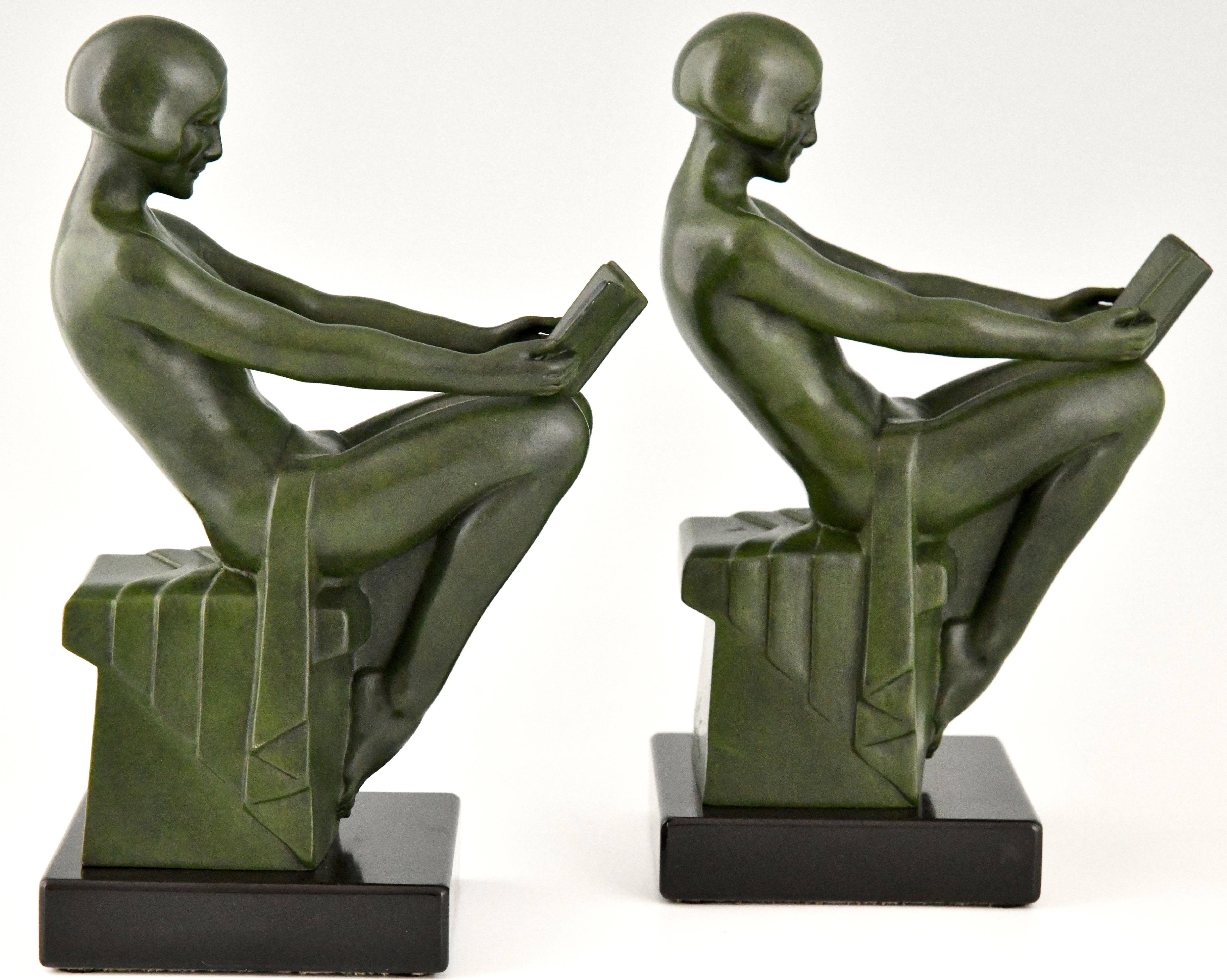 Art Deco Bookends with Reading Nudes Max Le Verrier, France, 1930 3