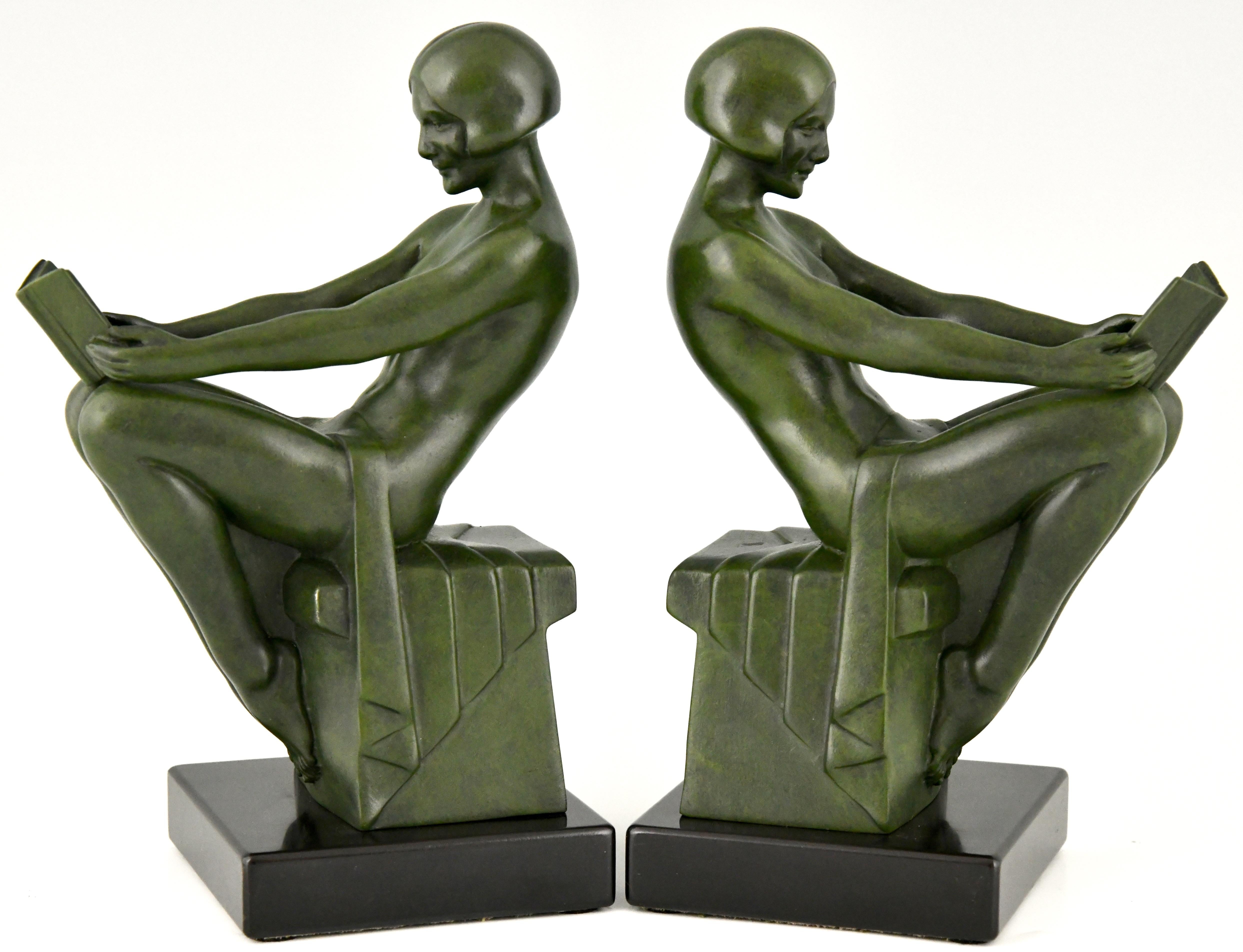 French Art Deco Bookends with Reading Nudes Max Le Verrier, France, 1930