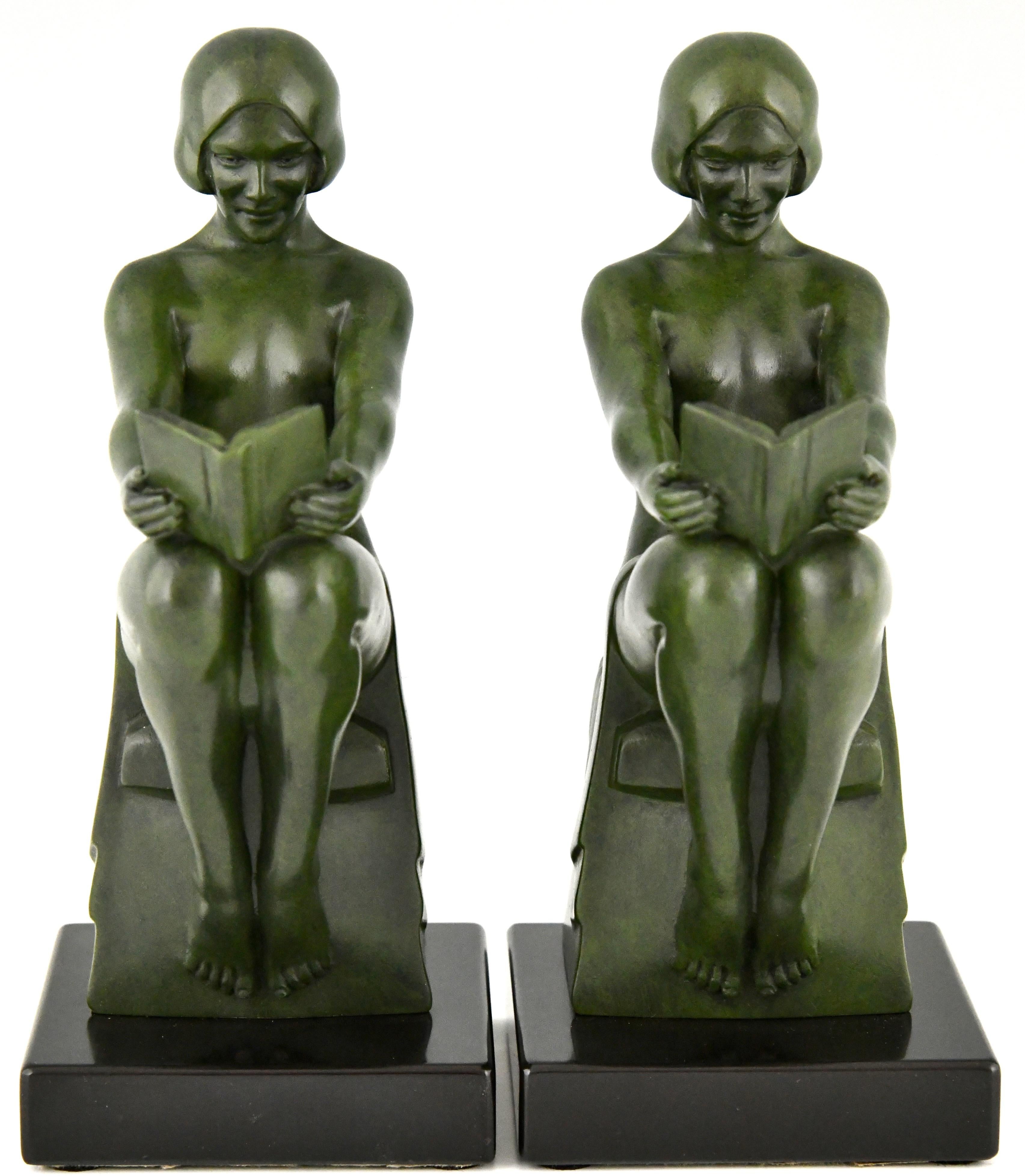 Patinated Art Deco Bookends with Reading Nudes Max Le Verrier, France, 1930