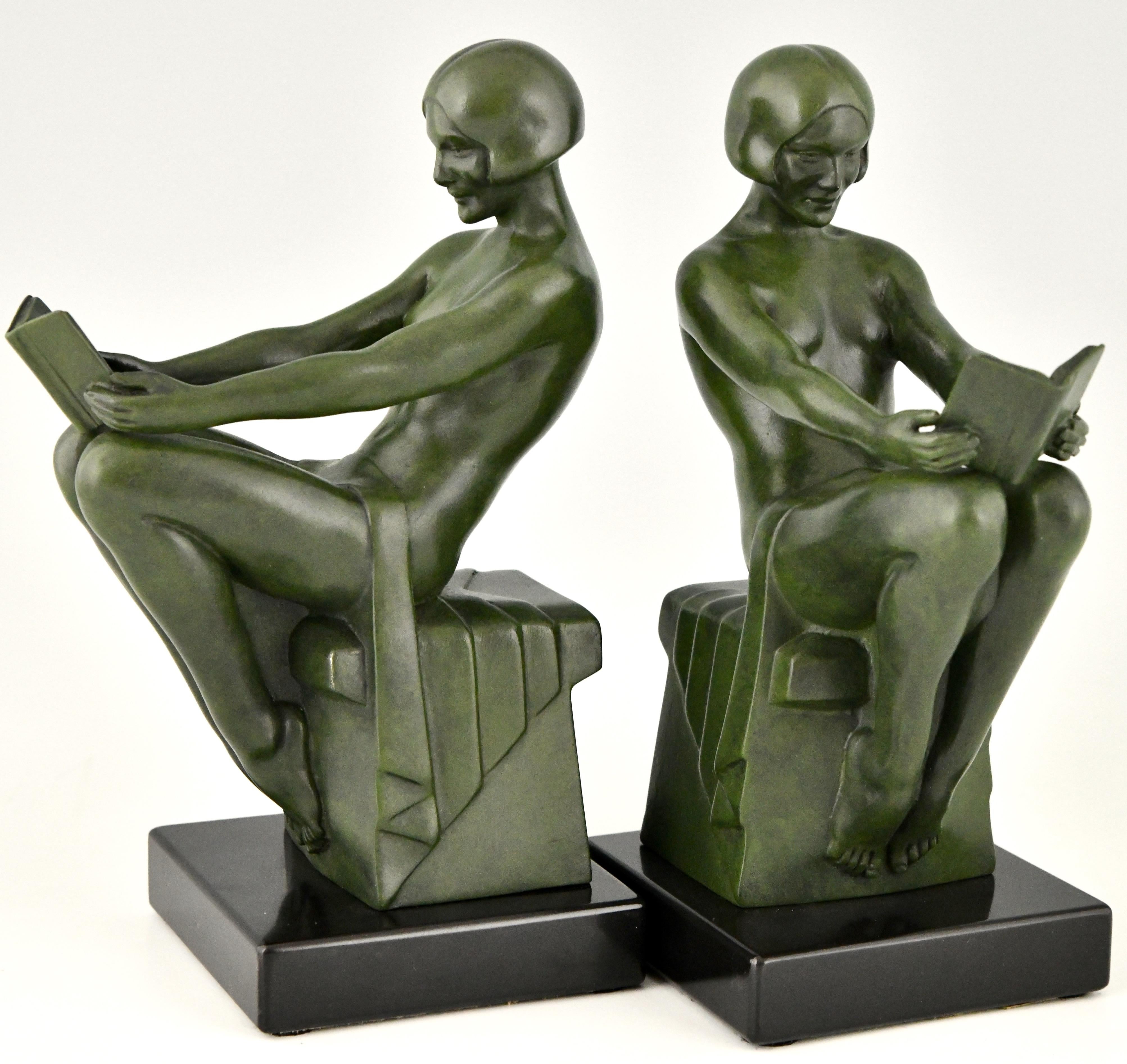 Art Deco Bookends with Reading Nudes Max Le Verrier, France, 1930 2