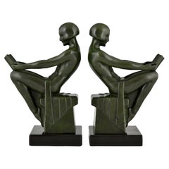 Art Deco Bookends with Reading Nudes Max Le Verrier, France, 1930