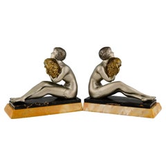 Antique Art Deco Bookends with Seated Nudes Holding Flowers Signed by L. Bruns, 1925