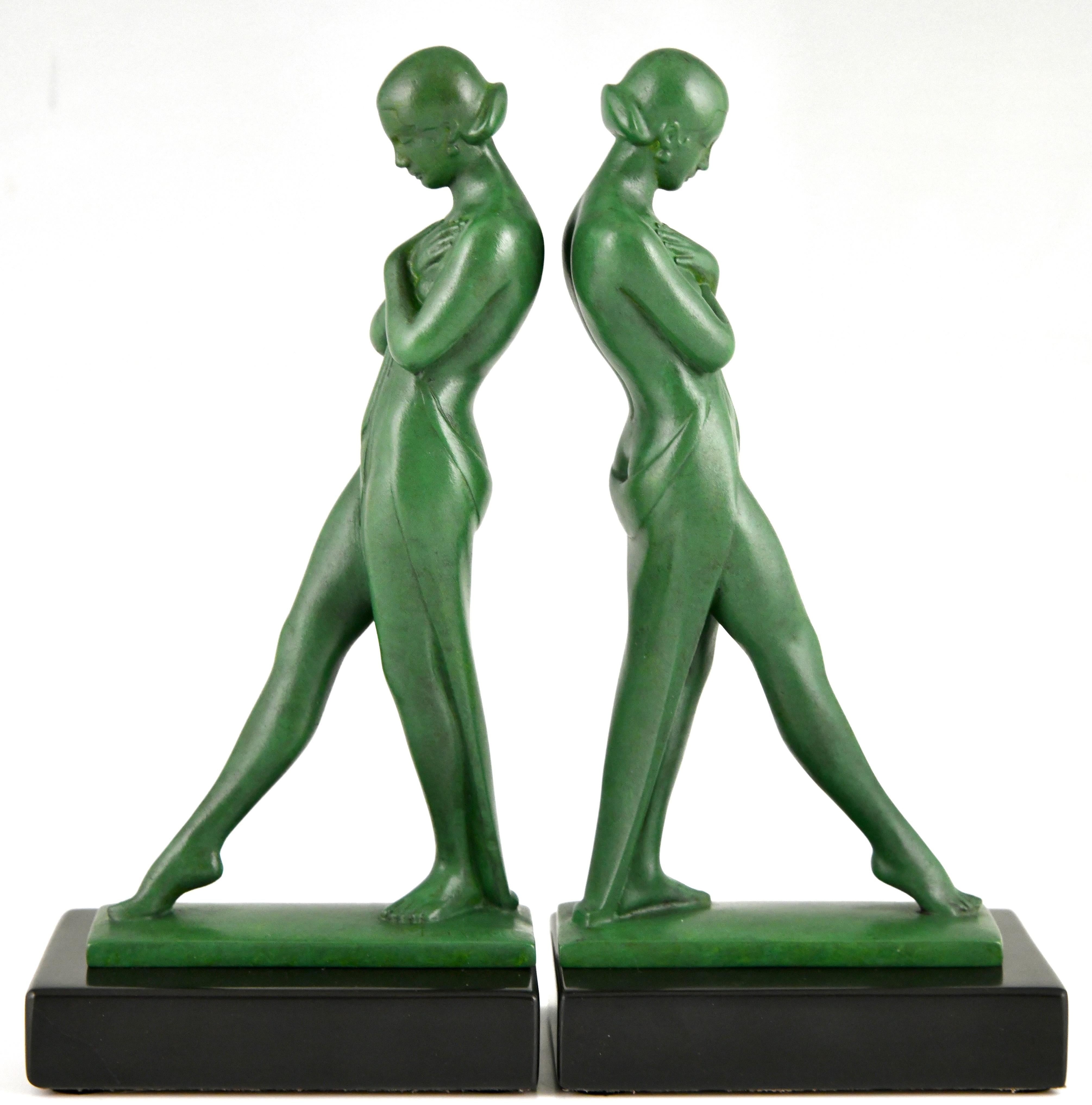 French Art Deco bookends with standing nudes Meditation by Fayral Pierre le Faguays For Sale
