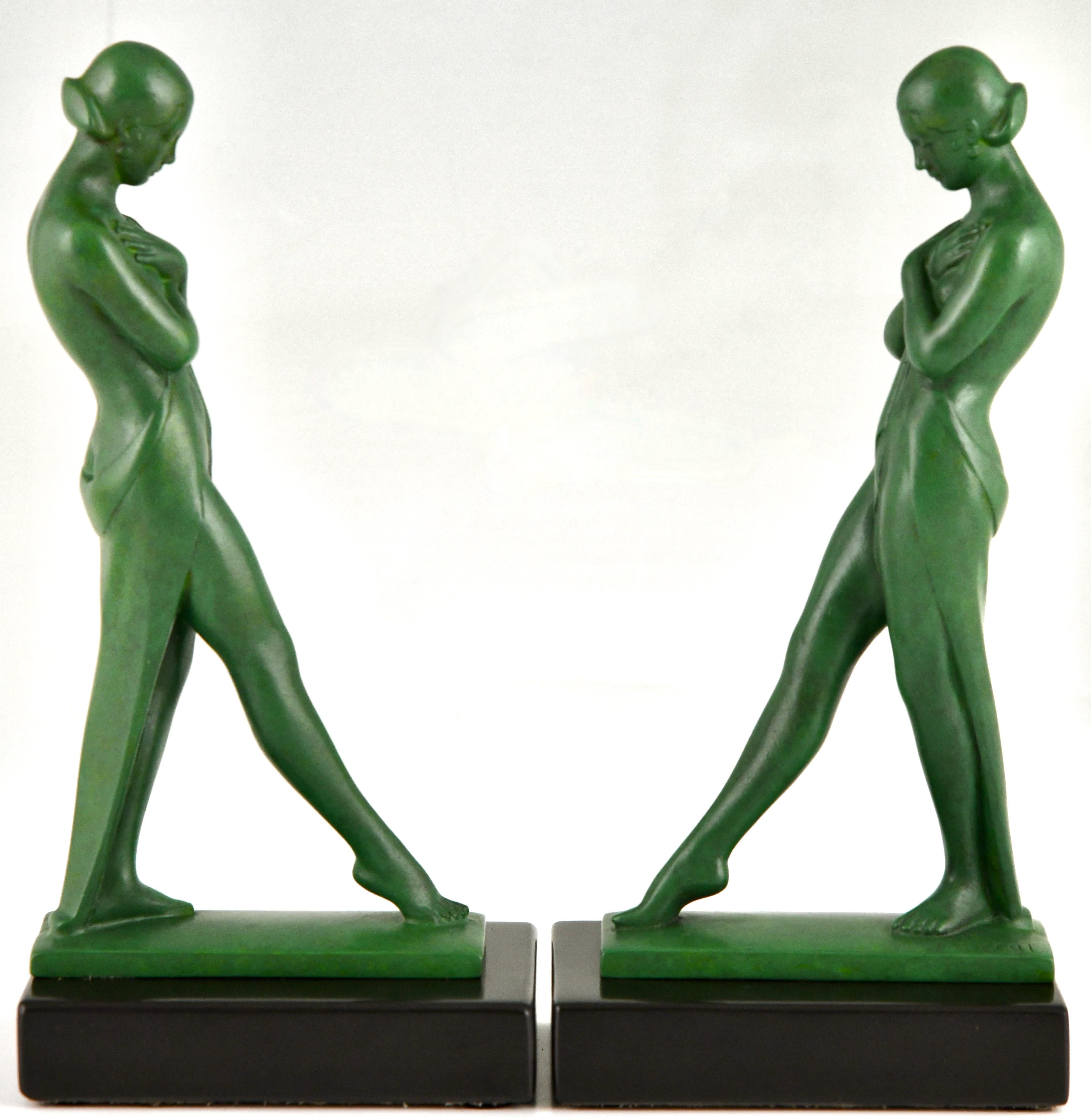 Mid-20th Century Art Deco bookends with standing nudes Meditation by Fayral Pierre le Faguays For Sale