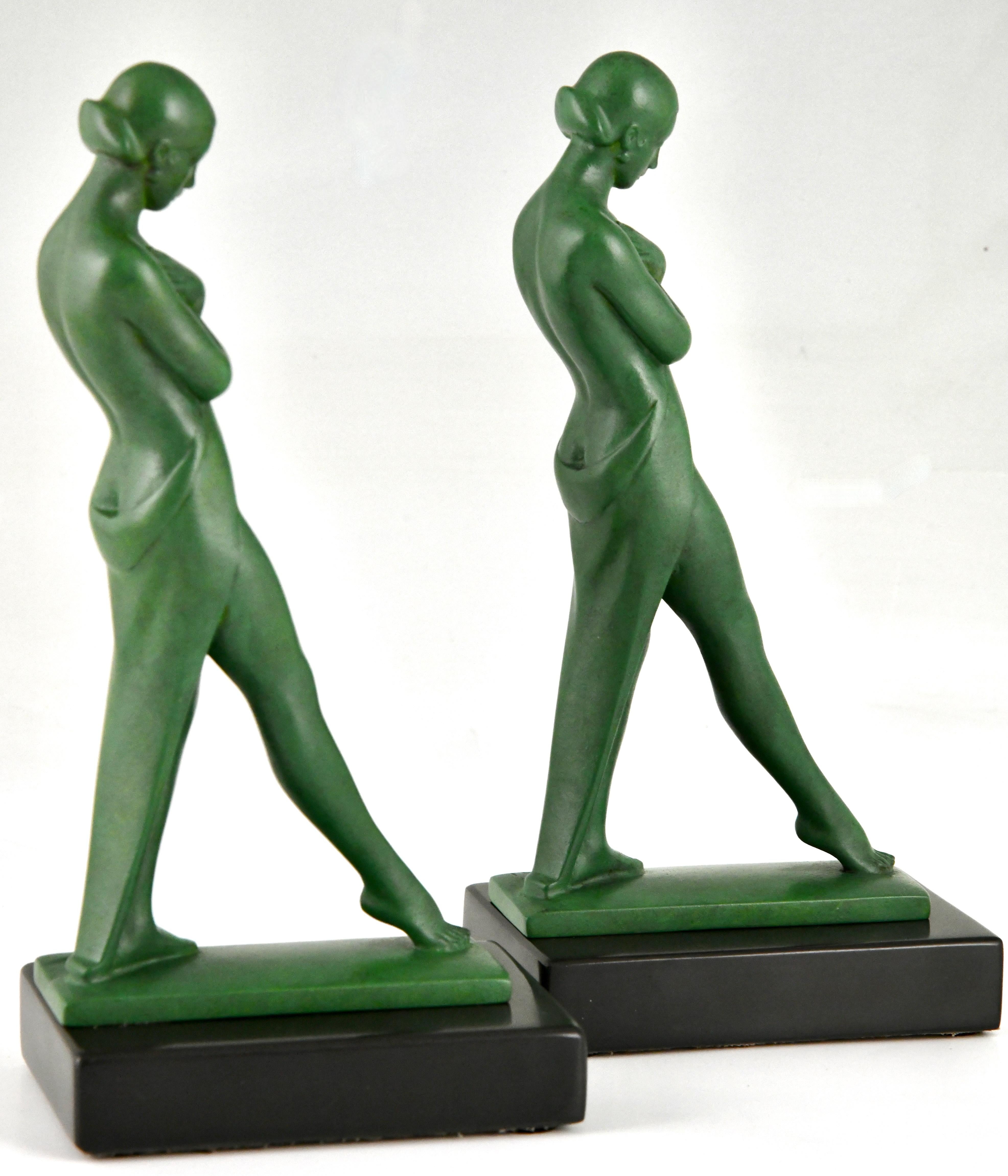 Art Deco bookends with standing nudes Meditation by Fayral Pierre le Faguays For Sale 3