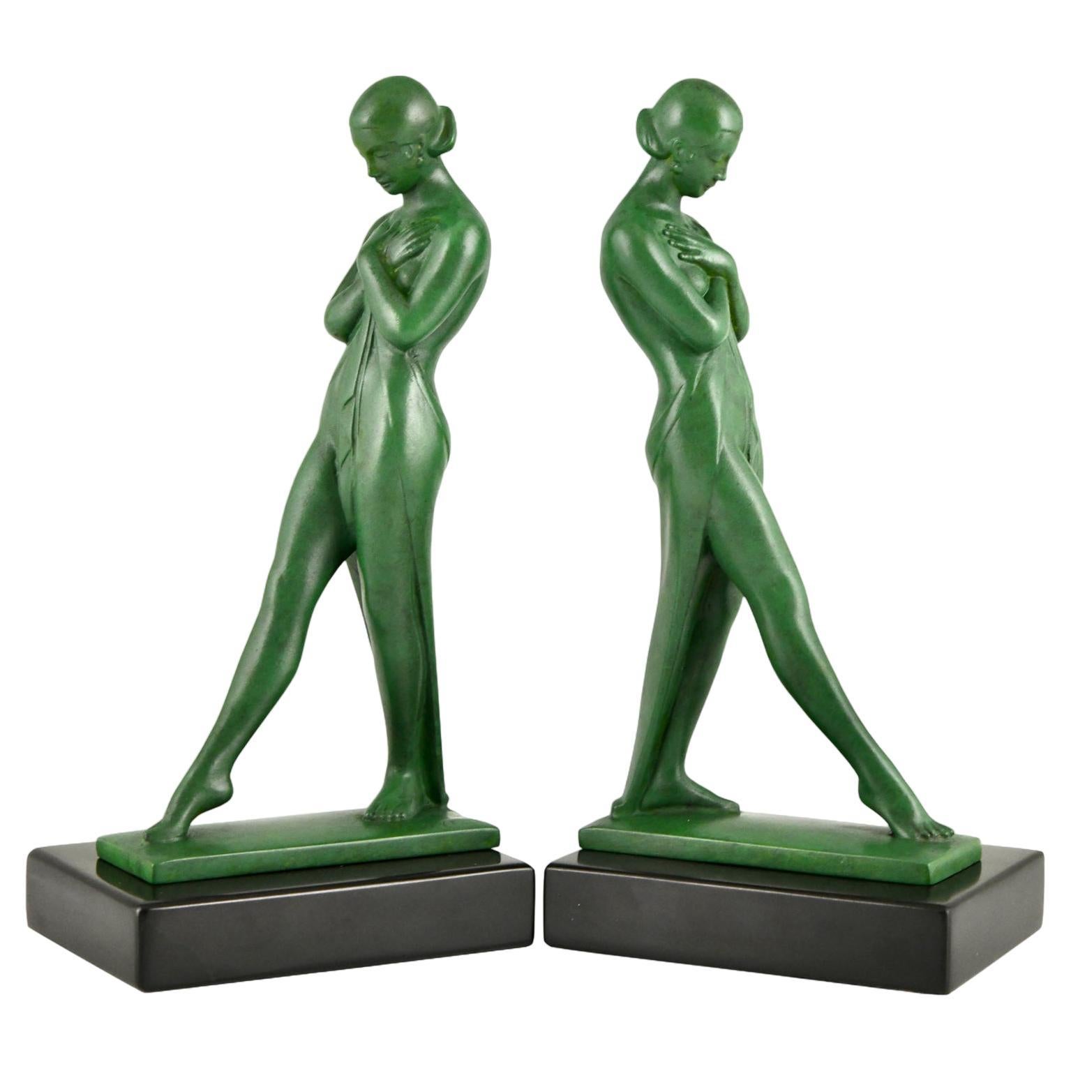 Art Deco bookends with standing nudes Meditation by Fayral Pierre le Faguays For Sale