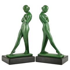 Art Deco bookends with standing nudes Meditation by Fayral Pierre le Faguays