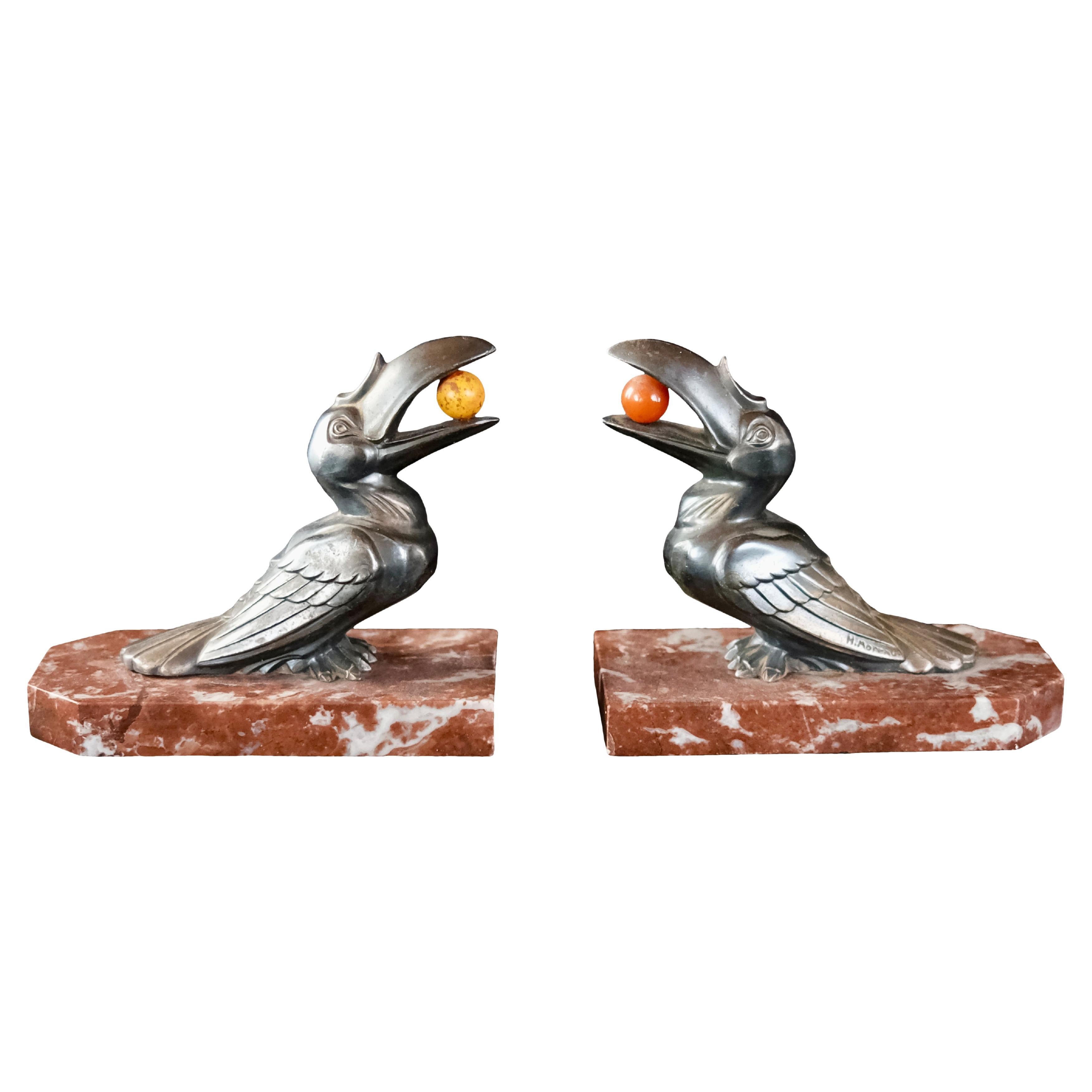 Art Deco Bookends with Toucan by Hippolyte François MOREAU, France 1920s