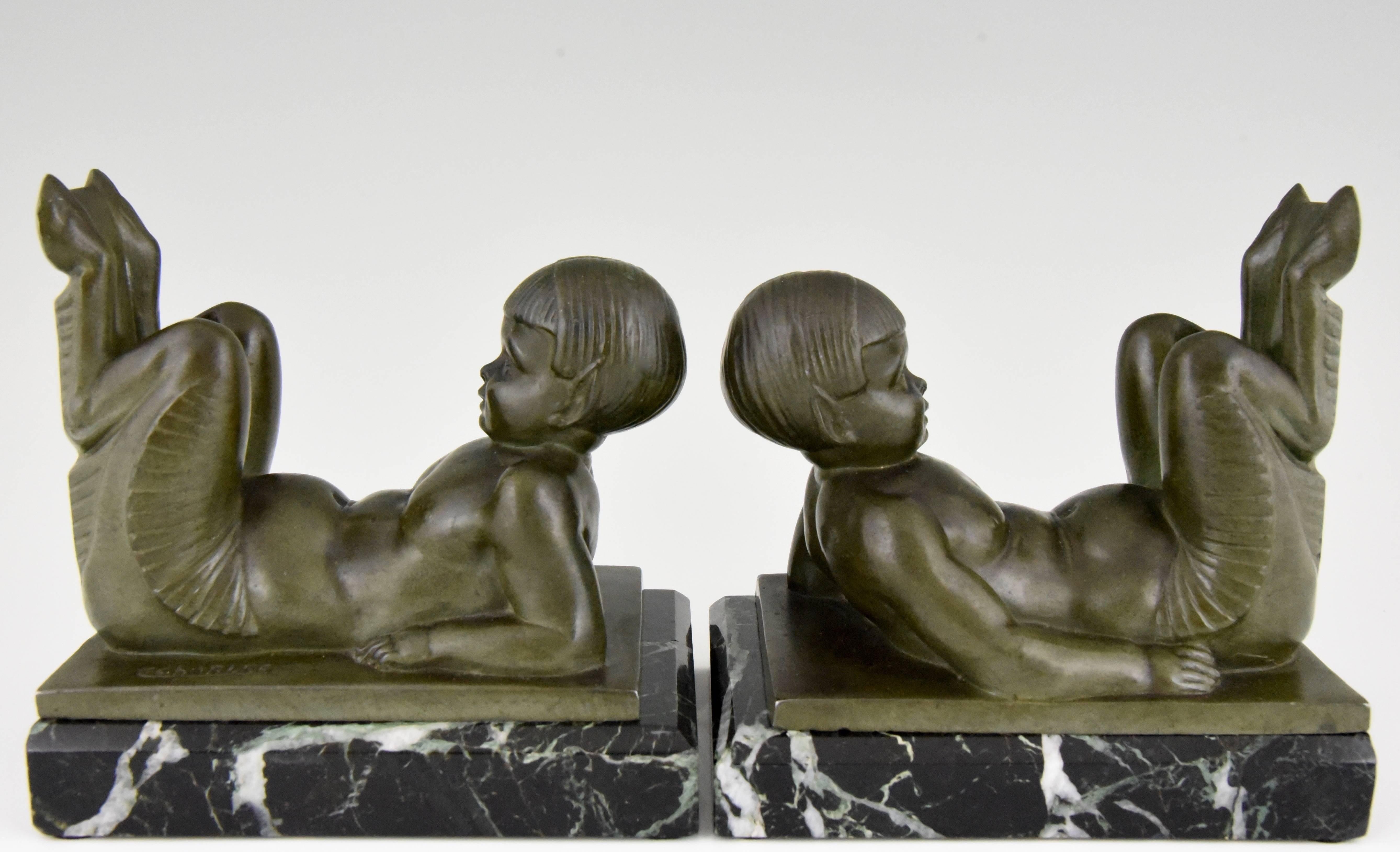 Art Deco Bookends with Young Satyrs by C. Charles  France  1930 In Good Condition In Antwerp, BE