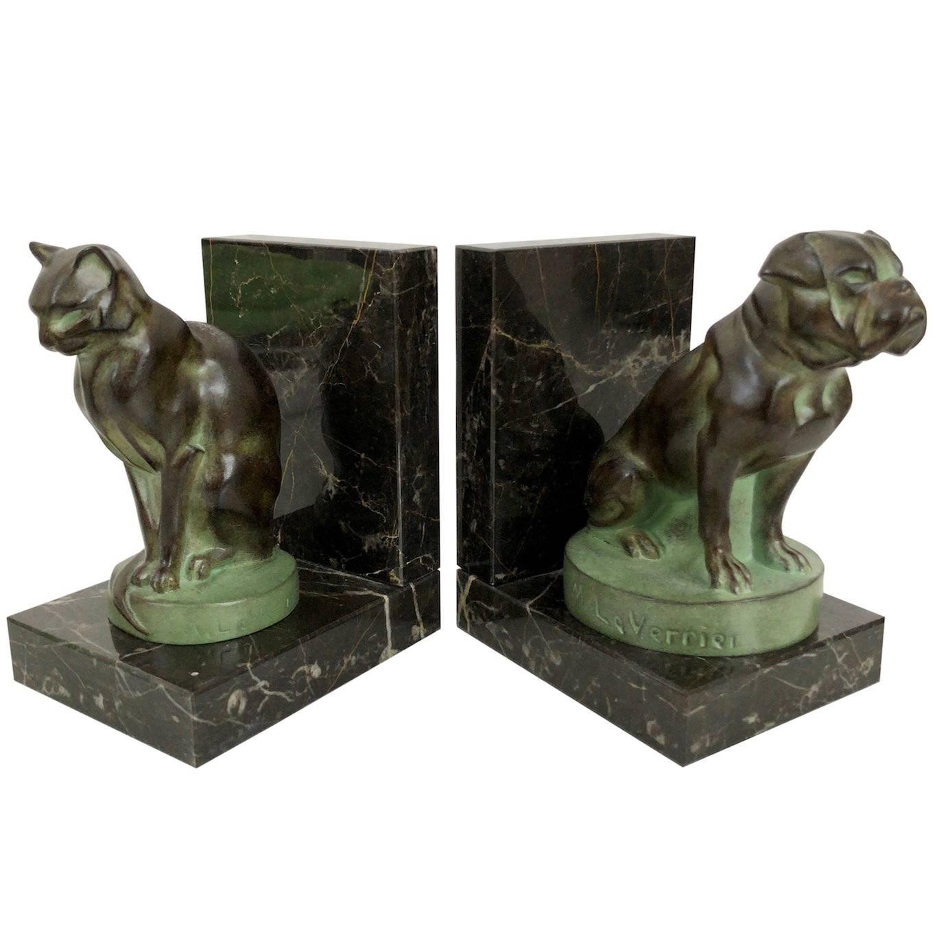 Art Deco Bookends, Chat et Dogue, Cat and Dog, Original Max Le Verrier