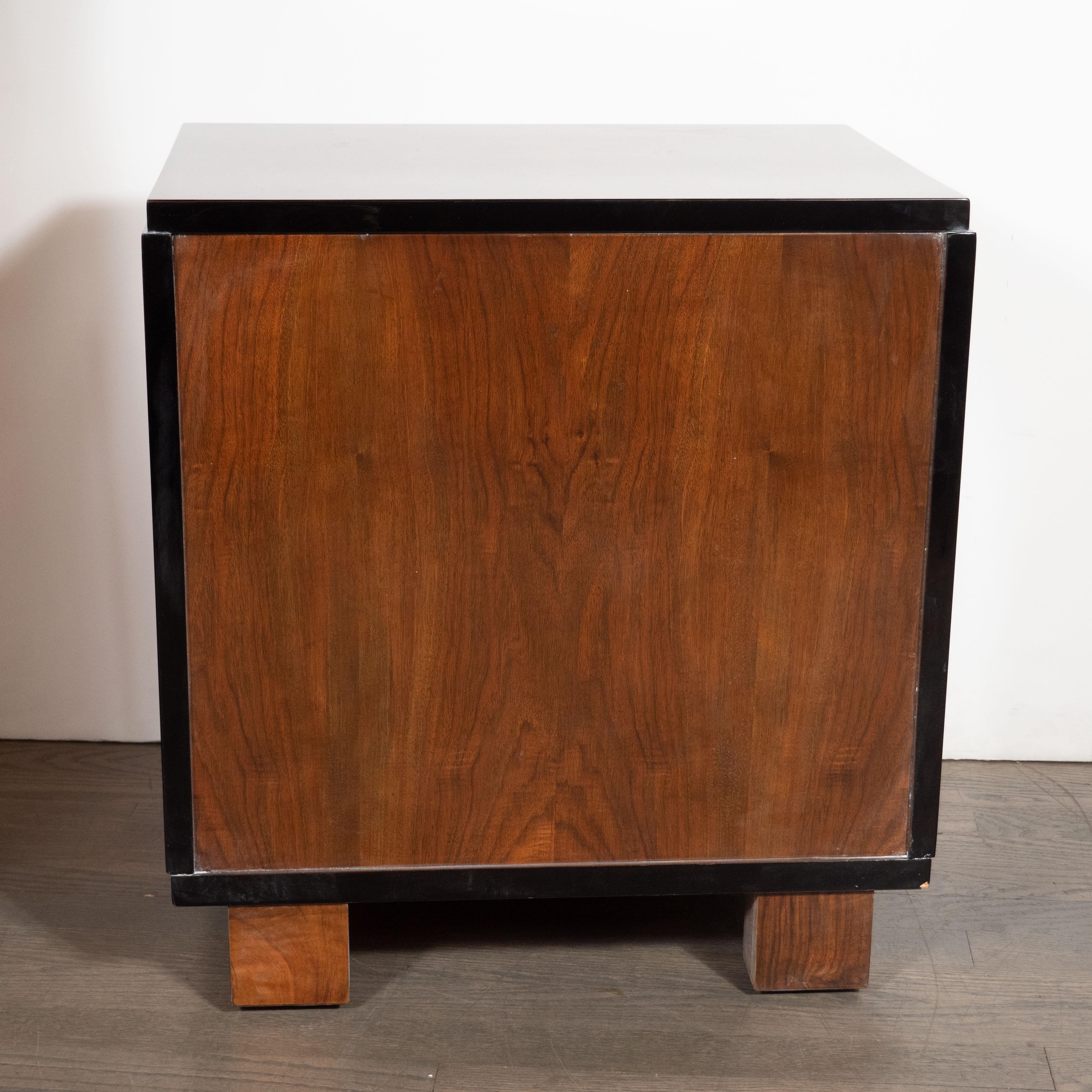 Art Deco Bookmatched Exotic Walnut, Burled Elm & Black Lacquer Cubist End Tables 7