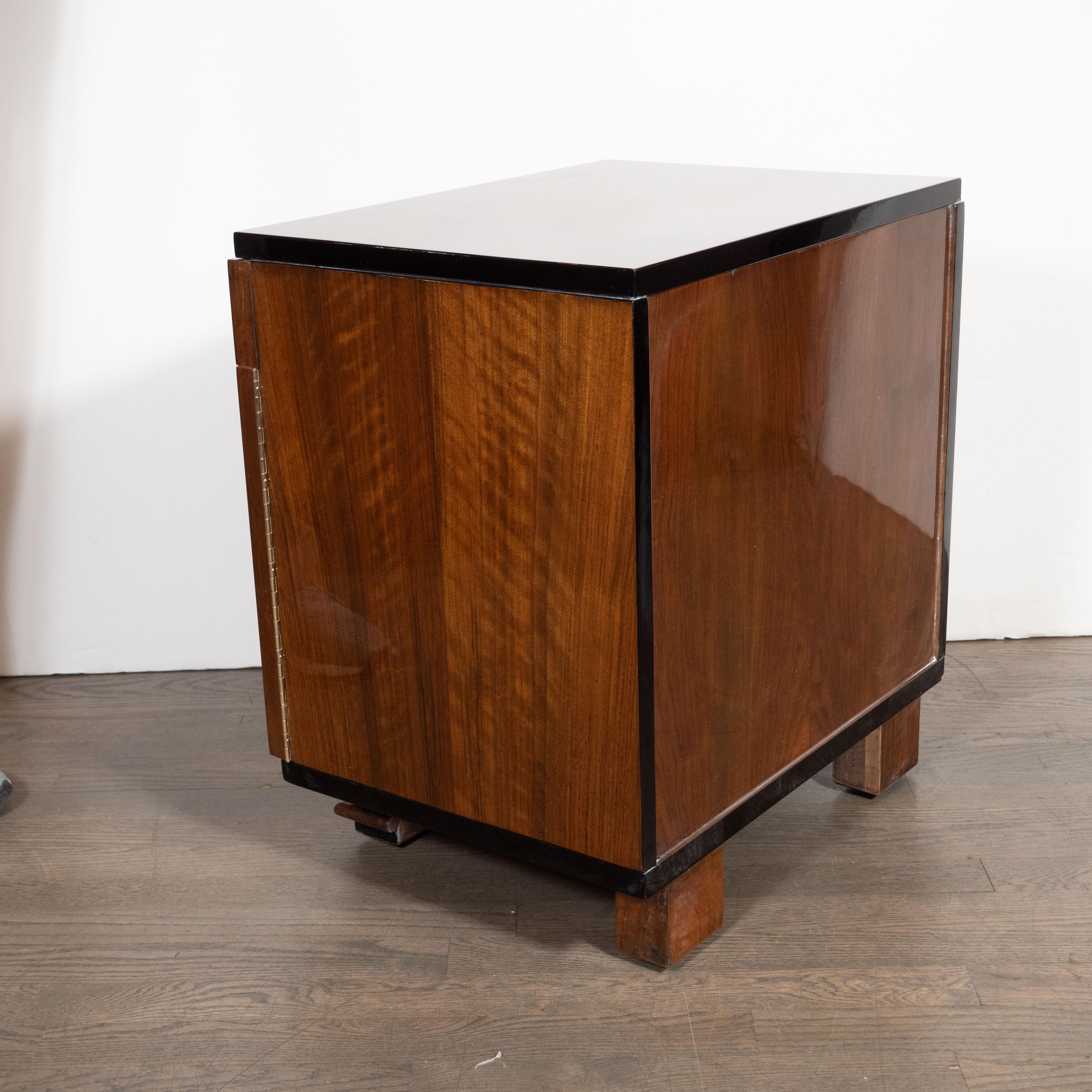 Art Deco Bookmatched Exotic Walnut, Burled Elm & Black Lacquer Cubist End Tables 8