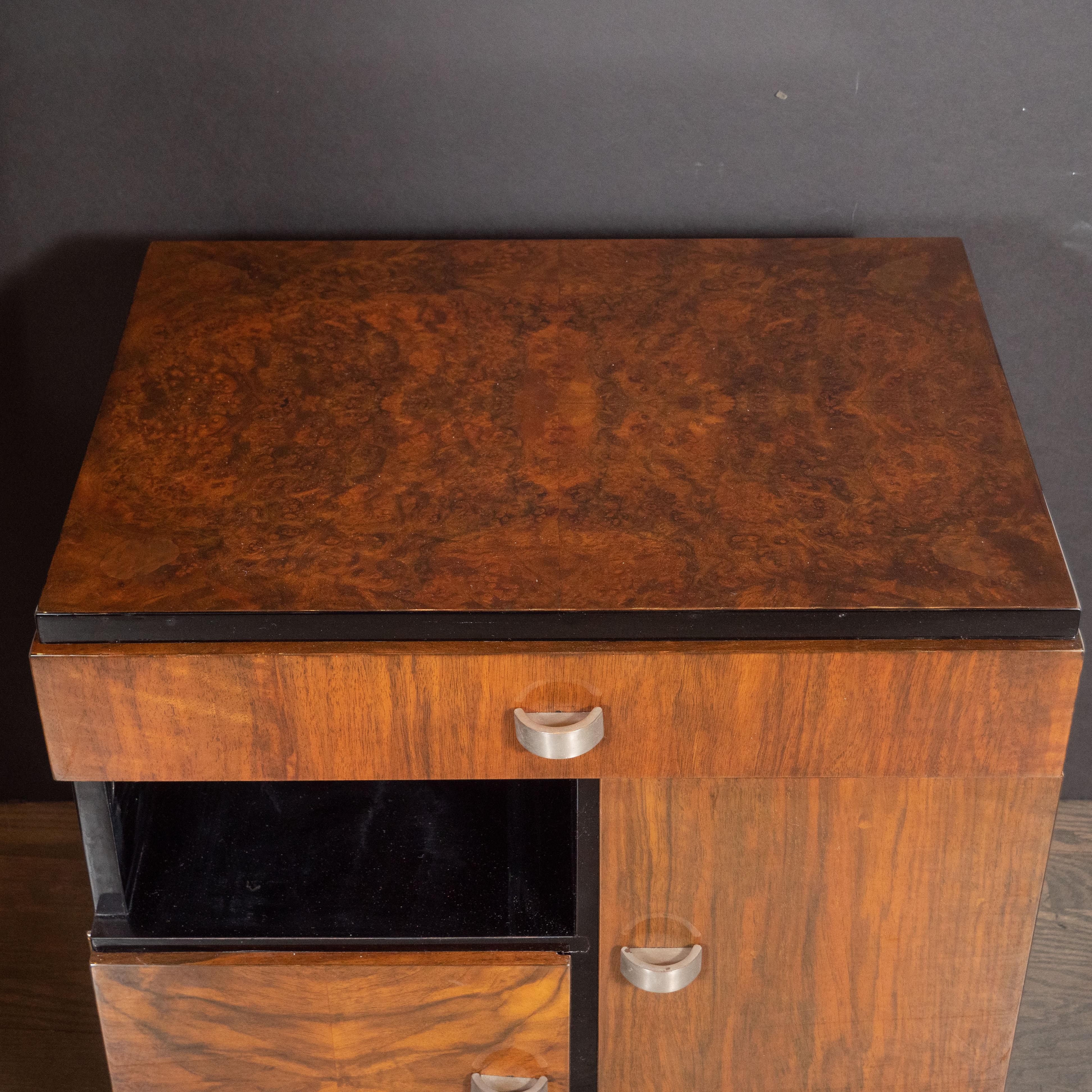 French Art Deco Bookmatched Exotic Walnut, Burled Elm & Black Lacquer Cubist End Tables