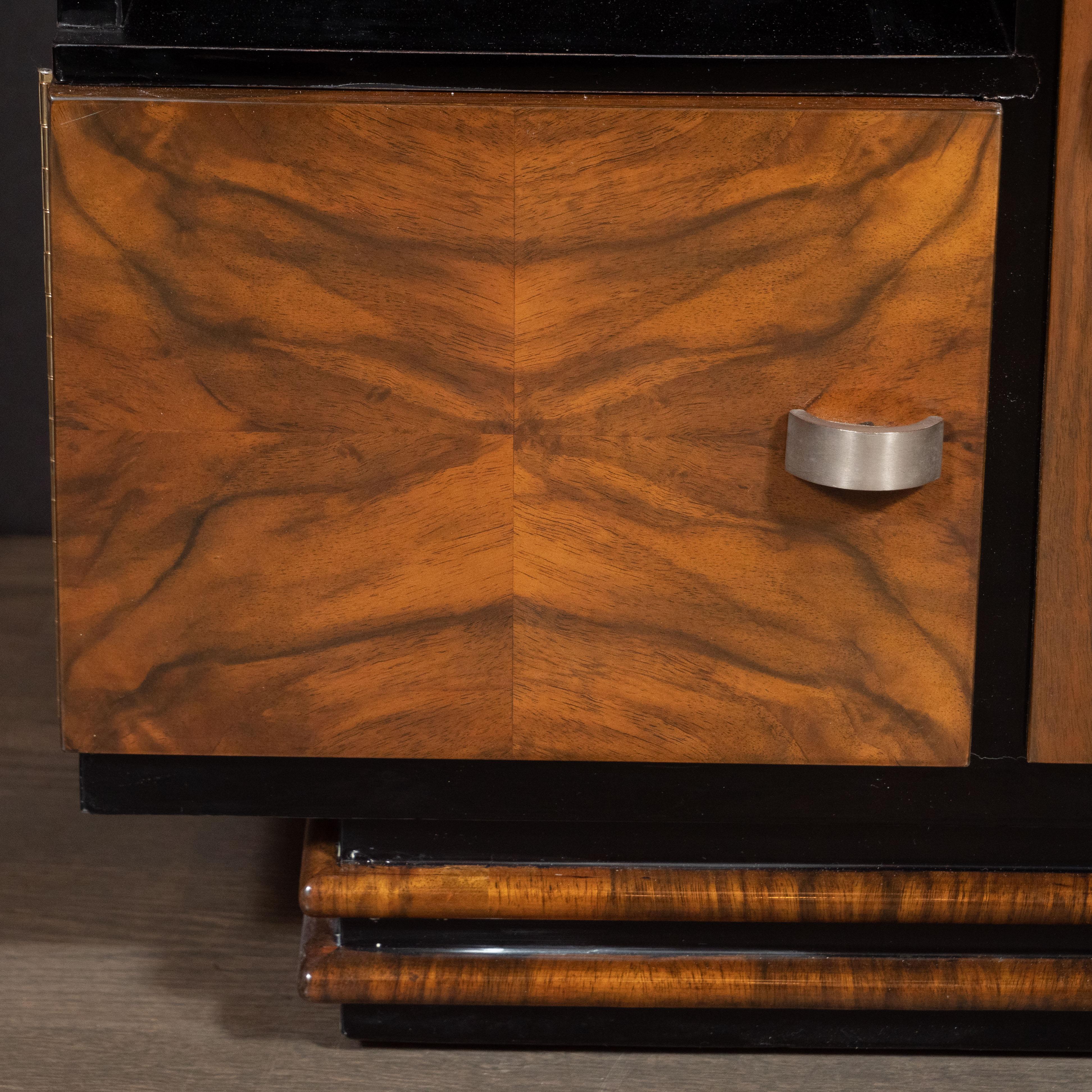 Art Deco Bookmatched Exotic Walnut, Burled Elm & Black Lacquer Cubist End Tables In Distressed Condition In New York, NY