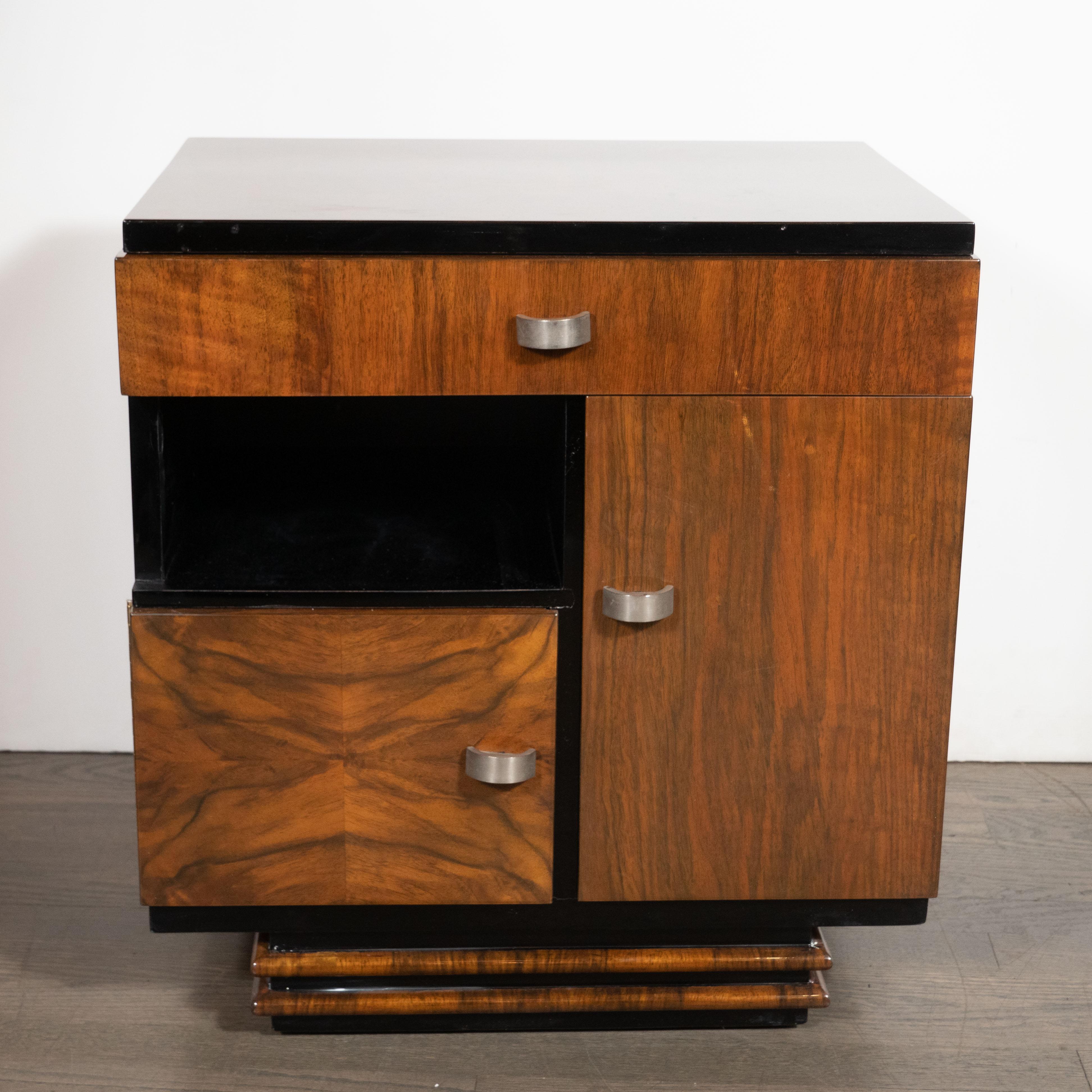 Mid-20th Century Art Deco Bookmatched Exotic Walnut, Burled Elm & Black Lacquer Cubist End Tables