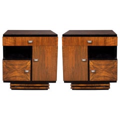 Art Deco Bookmatched Exotic Walnut, Burled Elm & Black Lacquer Cubist End Tables