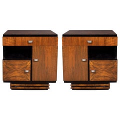 Art Deco Bookmatched Exotic Walnut, Burled Elm & Black Lacquer Cubist End Tables