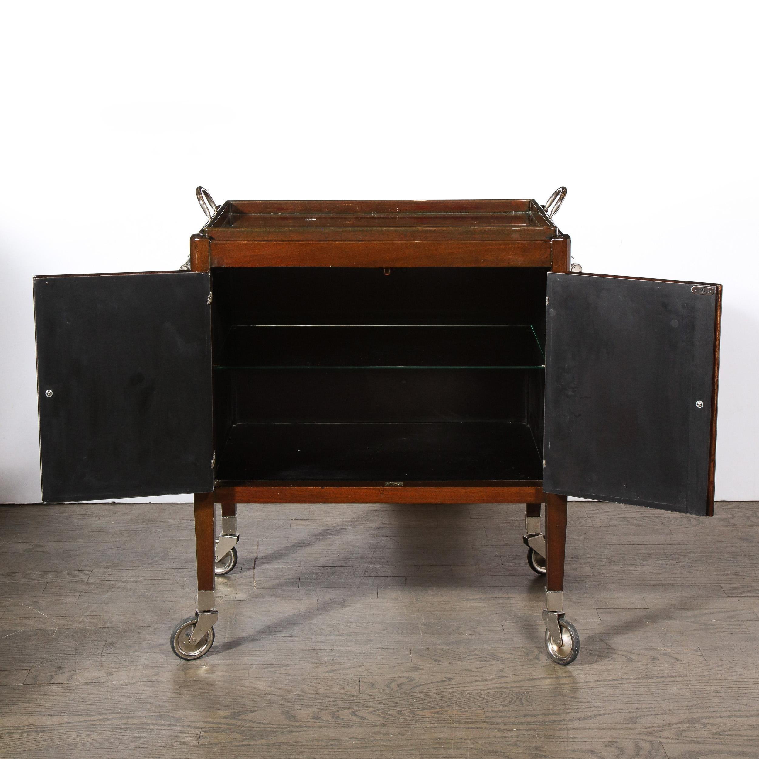 French Art Deco Bookmatched Walnut Bar Cart with Nickeled Details & Removable Tray