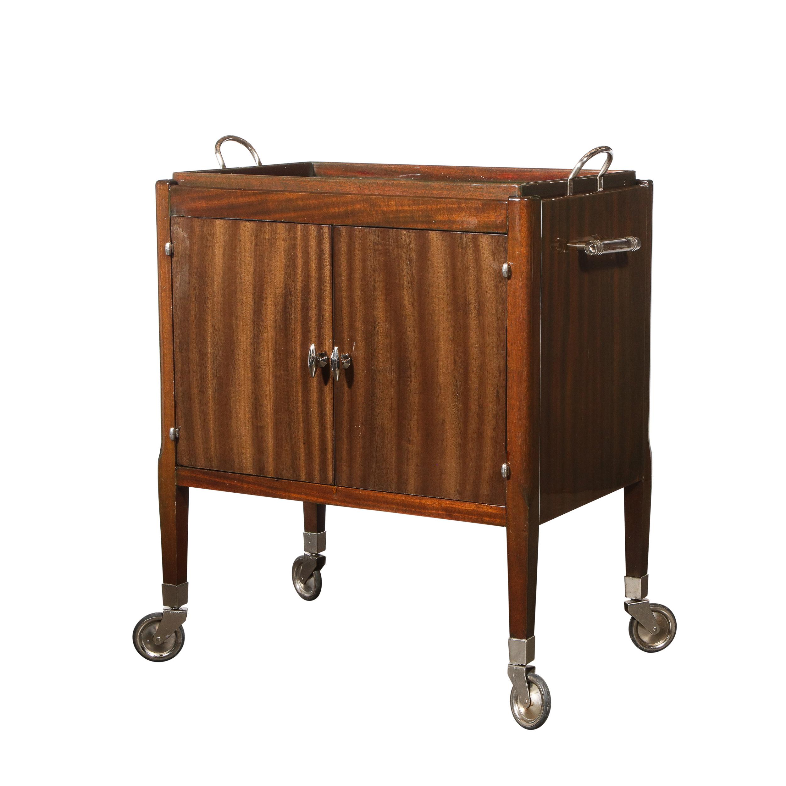 Mid-20th Century Art Deco Bookmatched Walnut Bar Cart with Nickeled Details & Removable Tray