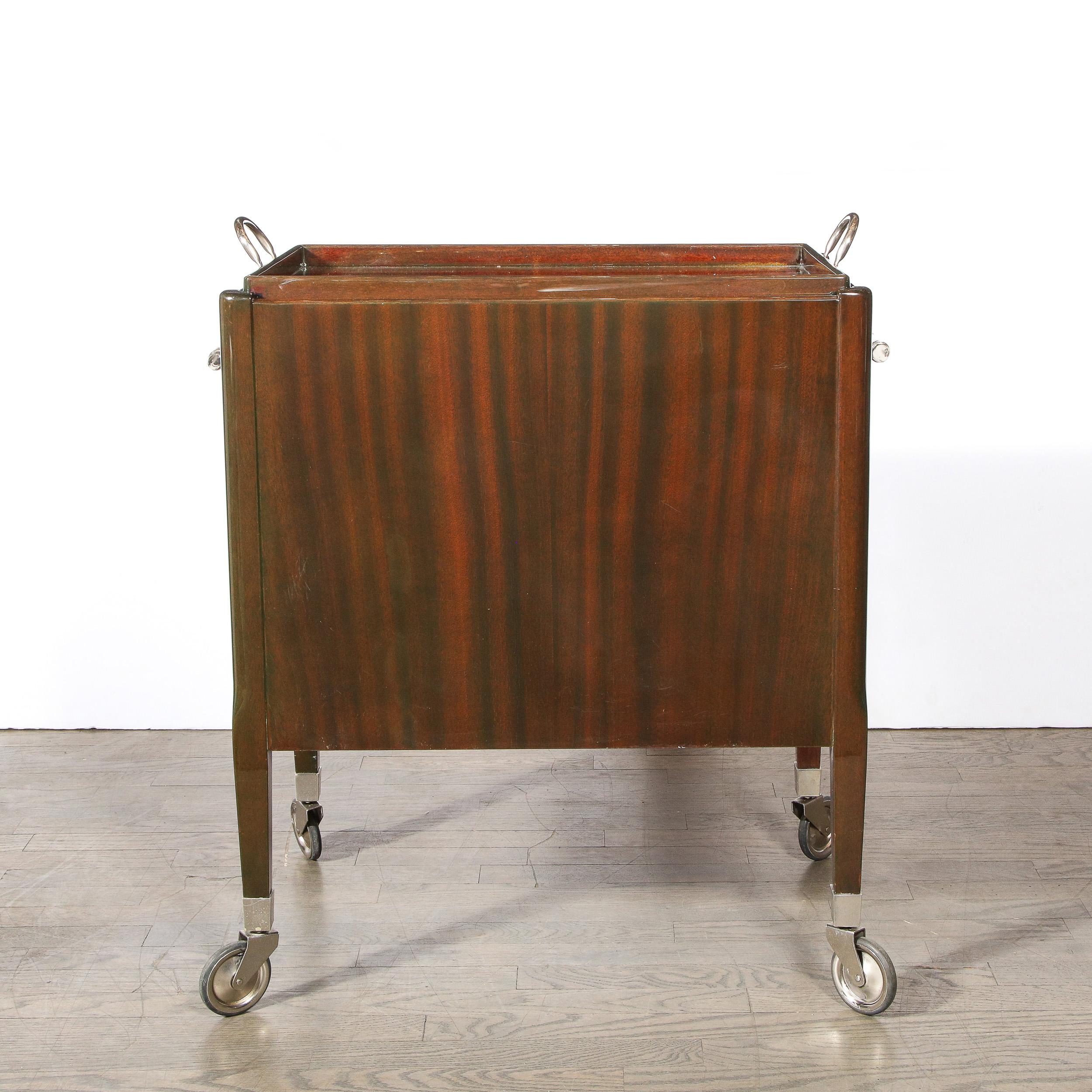 Art Deco Bookmatched Walnut Bar Cart with Nickeled Details & Removable Tray 2