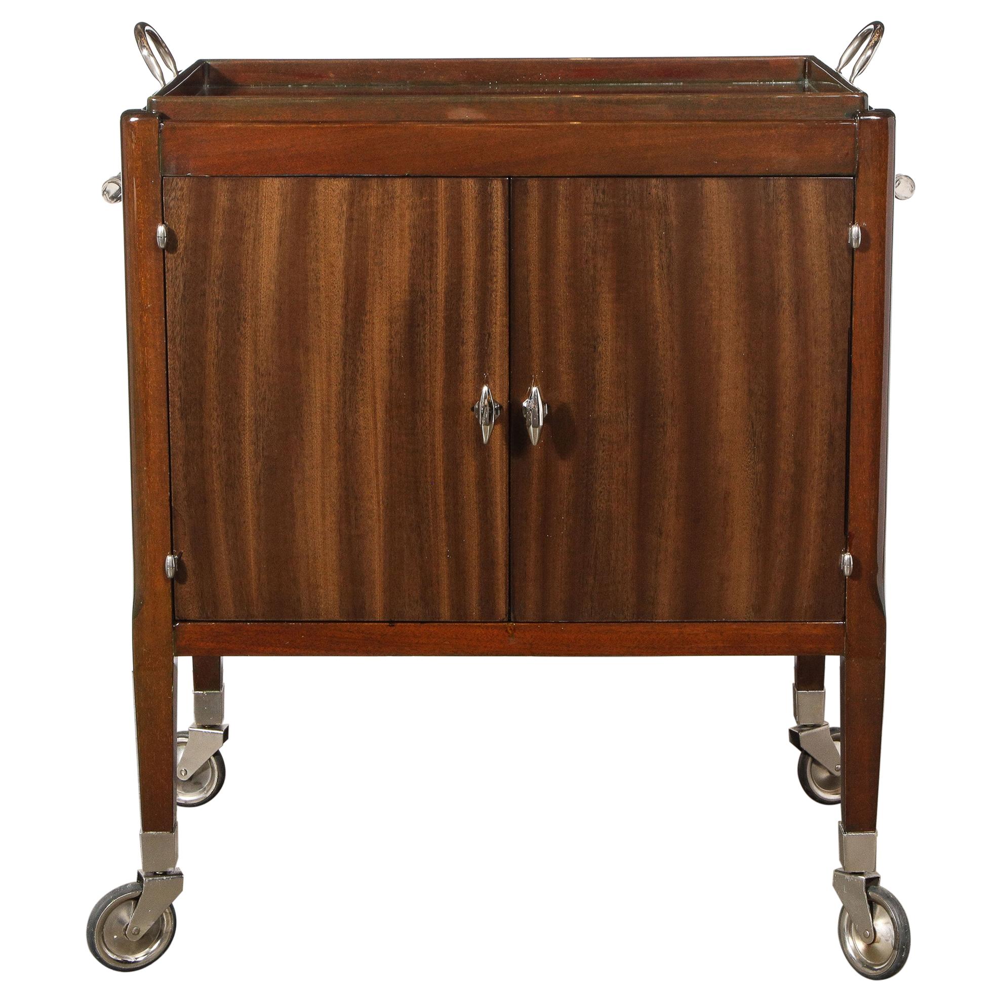 Art Deco Bookmatched Walnut Bar Cart with Nickeled Details & Removable Tray
