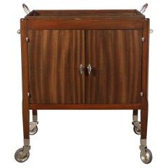 Art Deco Bookmatched Walnut Bar Cart with Nickeled Details & Removable Tray