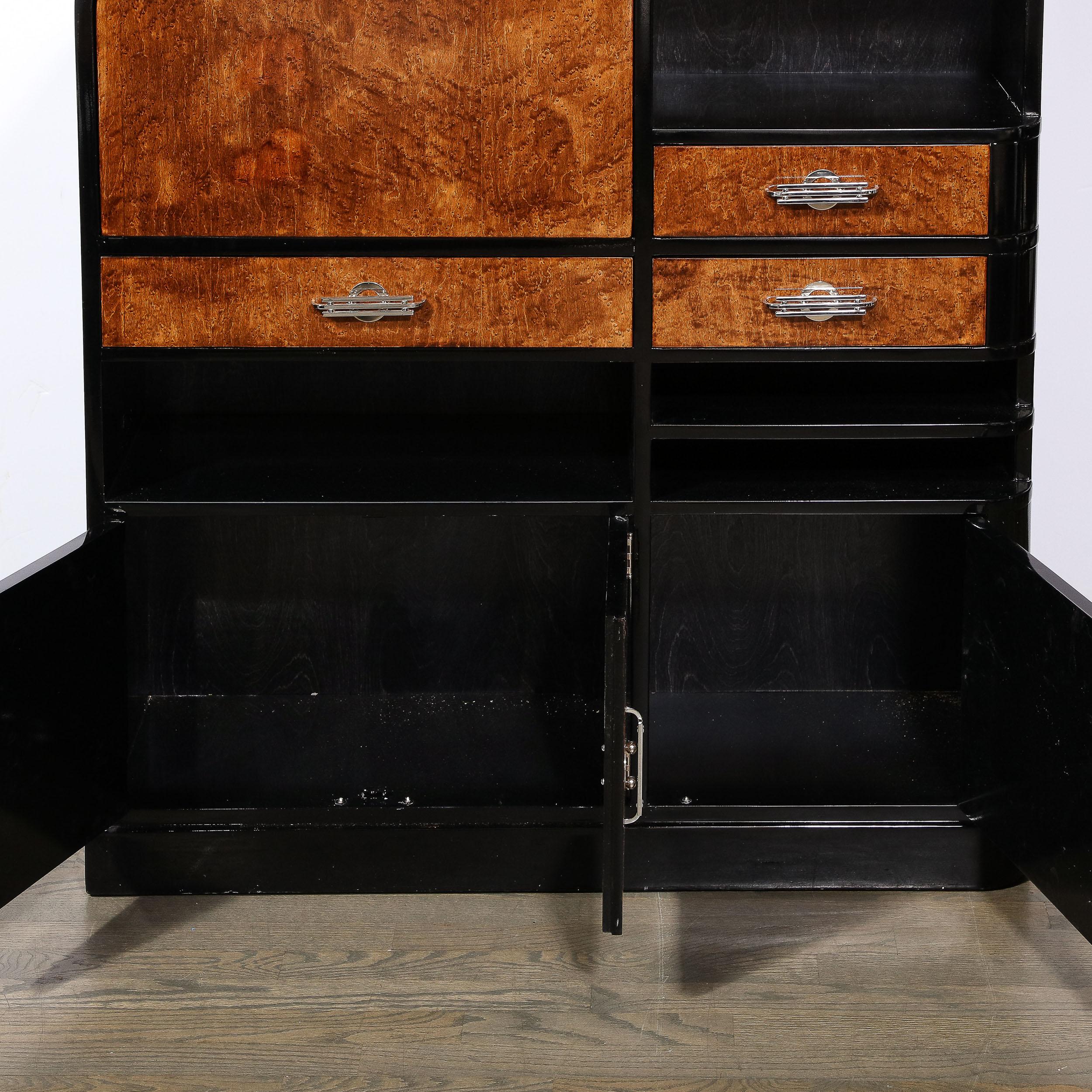 Art Deco Bookmatched Walnut & Black Lacquer Secretary Bookcase w/ Silvered Pulls 11