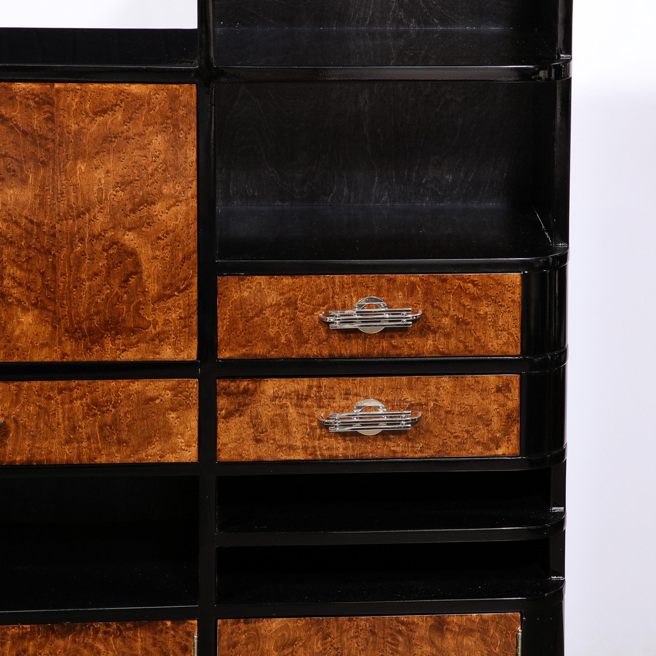 Art Deco Bookmatched Walnut & Black Lacquer Secretary Bookcase w/ Silvered Pulls In Excellent Condition In New York, NY