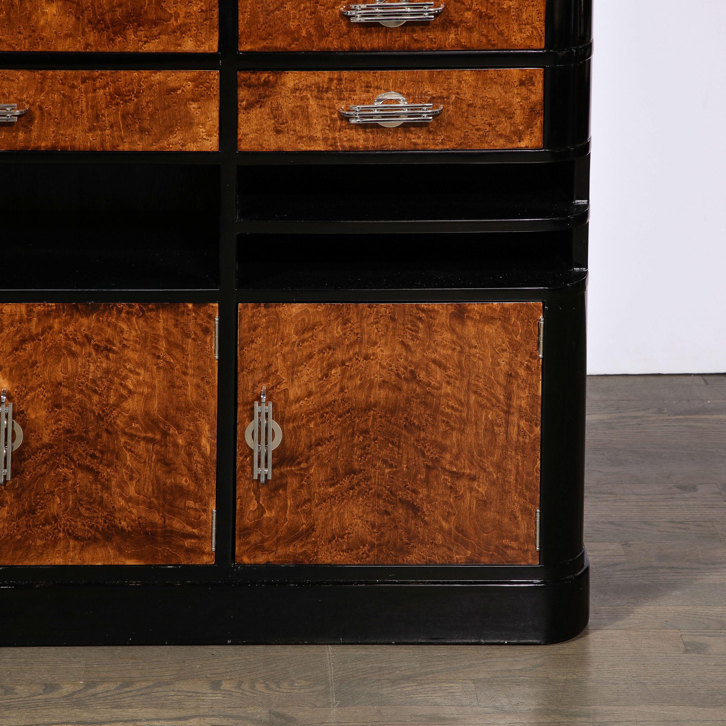 Mid-20th Century Art Deco Bookmatched Walnut & Black Lacquer Secretary Bookcase w/ Silvered Pulls