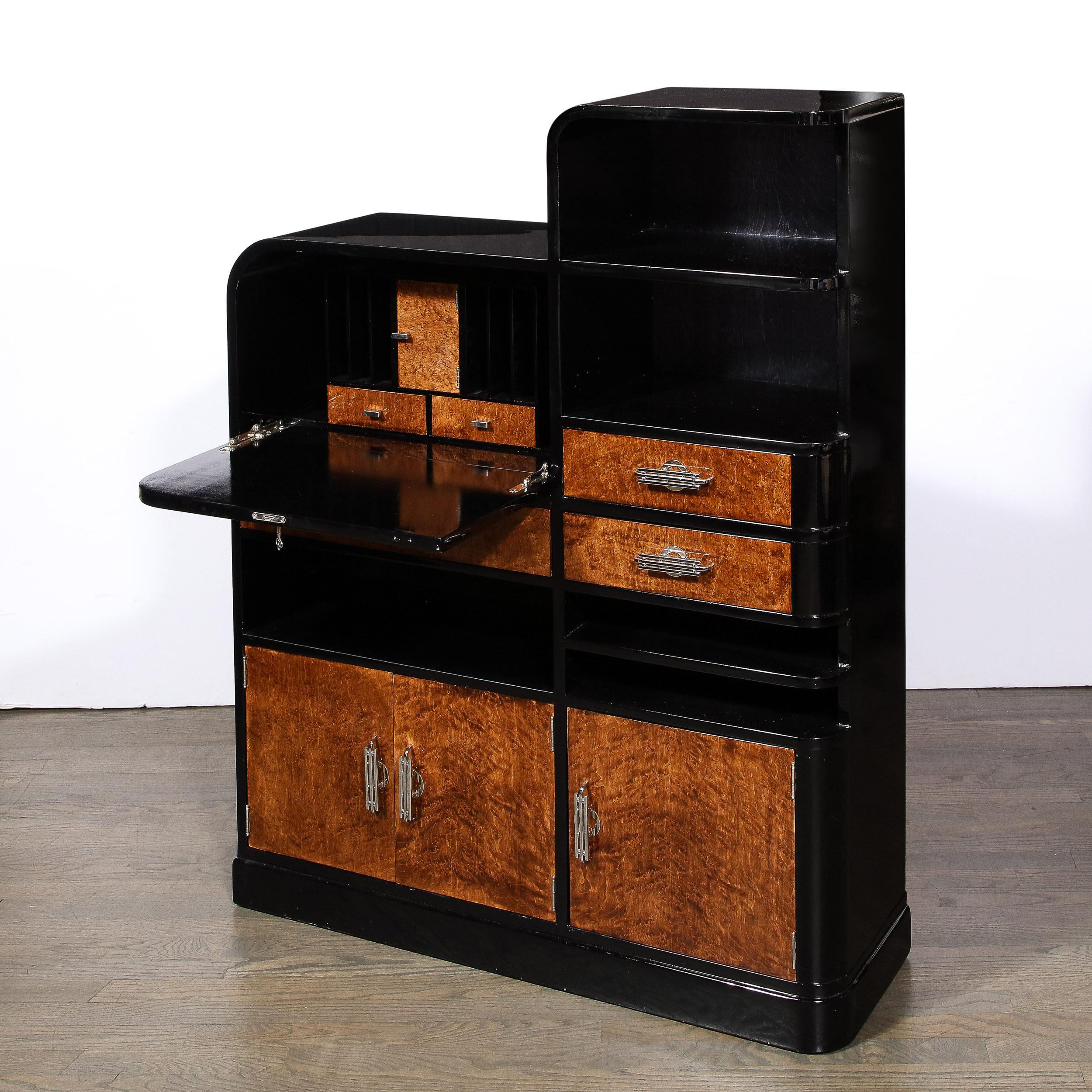 Art Deco Bookmatched Walnut & Black Lacquer Secretary Bookcase w/ Silvered Pulls For Sale 2